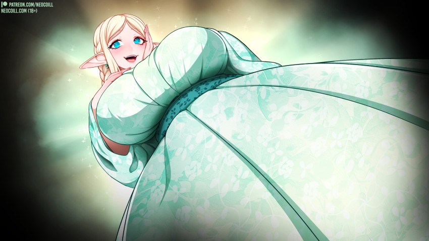 big_breasts blonde_hair braided_hair coill_city_(neocoill) elf_ears elf_female elysia_(neocoill) female_only hand_on_breasts hand_on_chest hand_on_face kimono large_breasts neocoill no_dialogue patreon patreon_username shocked_expression shocked_eyes shocked_look teal_eyes