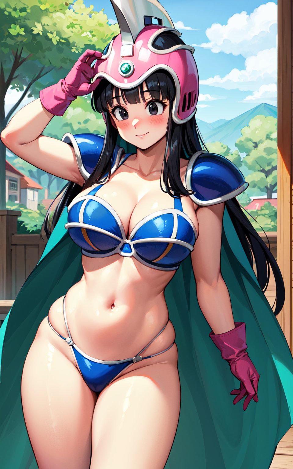 ai_generated bikini bikini_armor black_eyes black_hair black_hair_female blue_bikini cape chichi chichi's_armor dragon_ball dragon_ball_z gloves helmet milf pink_gloves pink_helmet