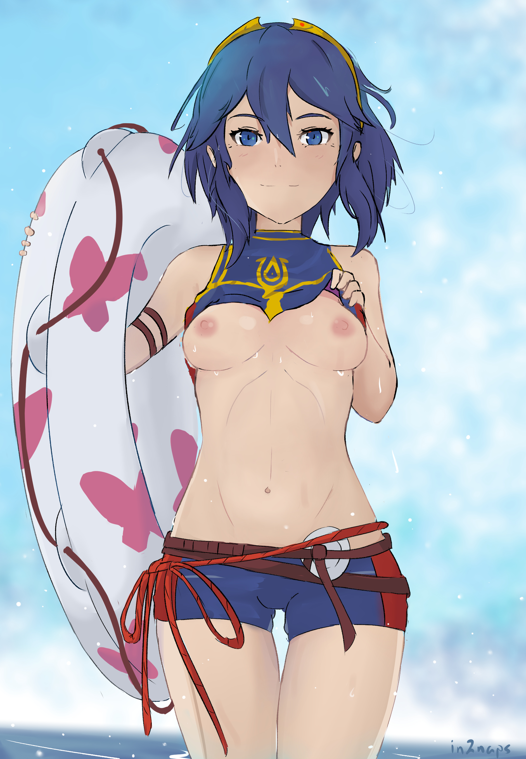 1girls, alternate costume, alternate hairstyle, bare thighs, bikini, blue bikini, blue eyes, blue hair, blue swimsuit, breasts, clothes lift, female, fire emblem, fire emblem awakening, fire emblem cipher, flashing, hair between eyes, in2naps, innertube, lifted by self, looking at viewer, lucina (fire emblem), nintendo, nipples, ocean, short hair, small breasts, smile, solo, swimsuit, tiara, water, wet