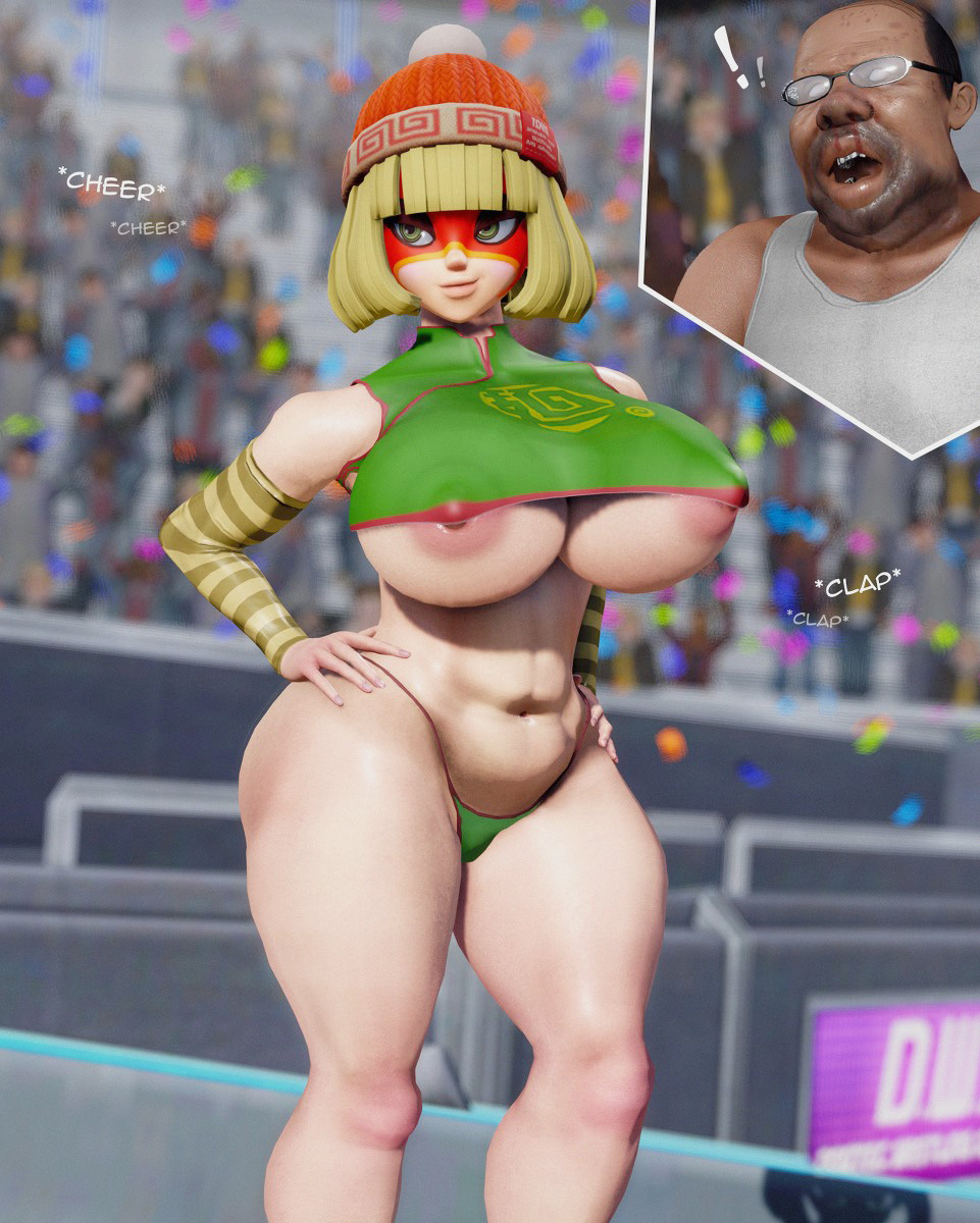 3d, arms (game), bimbo, blonde hair, bob cut, breasts, busty, cleavage, crop top, curvy, fat male, female, female focus, hex3d, hourglass figure, male, min min (arms), nintendo, sex, tagme, thick lips, venus body, voluptuous, wide hips