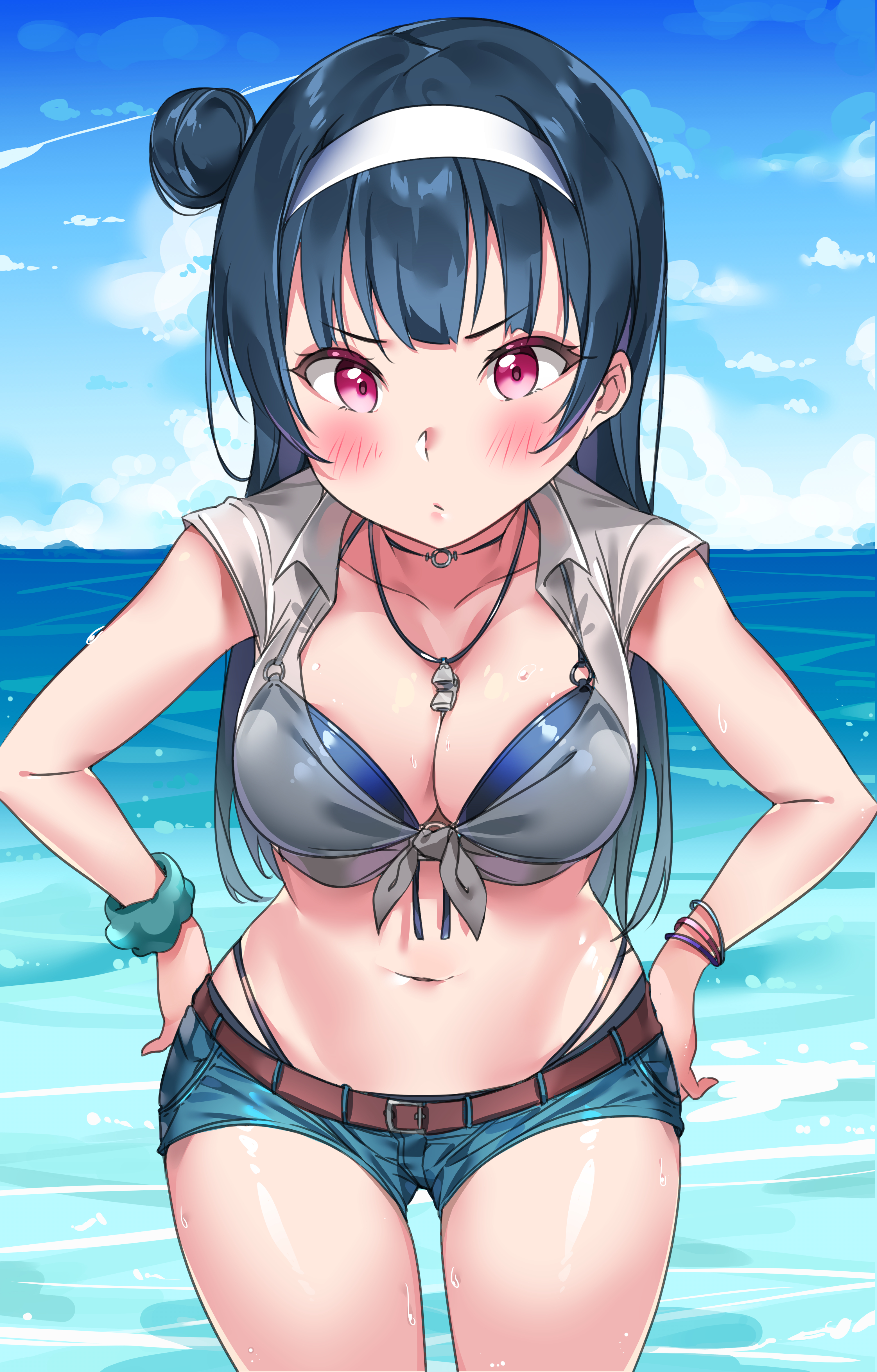 1girls, blue hair, blush, bracelet, choker, female, hair bun, hair ornament, hairband, love live!, love live! sunshine!!, necklace, purple eyes, shorts, sweat, swimsuit, tem10, tsushima yoshiko, water, wet, whistle