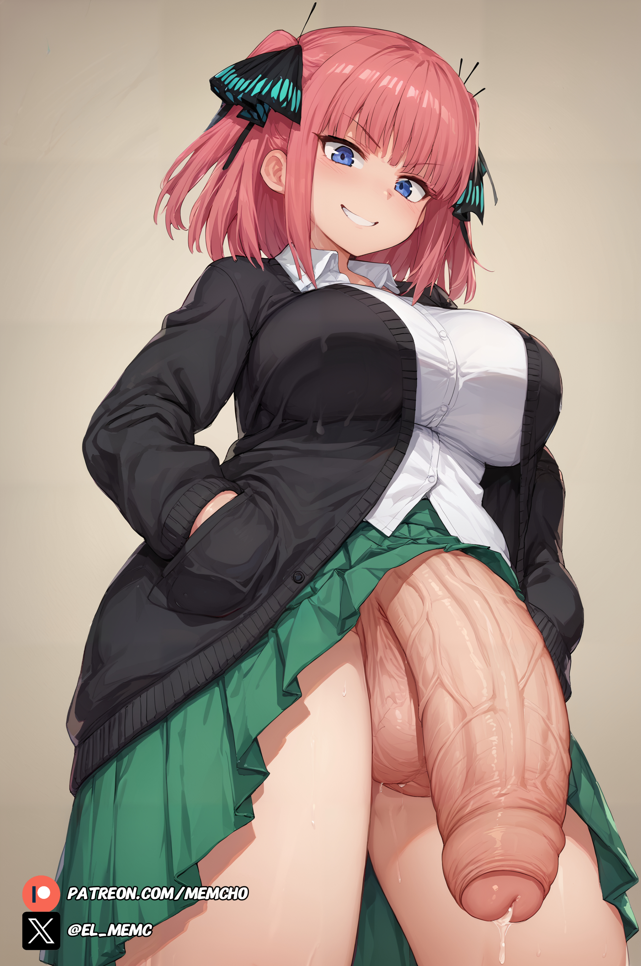 1futa, 2024, ai generated, balls, big balls, big breasts, big penis, black jacket, blue eyes, breasts, cum, foreskin, futa focus, futa only, futa sans pussy, futanari, go-toubun no hanayome, huge, huge balls, huge breasts, huge cock, huge testicles, intersex, memch0, nakano nino, penis, precum, smile, tagme, taker pov, testicles, uncircumcised, veiny, veiny penis