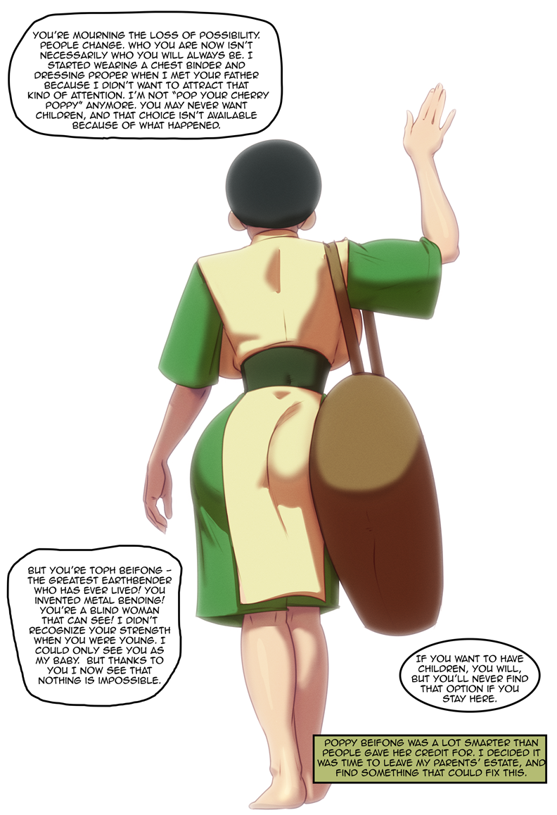 1girls age_progression avatar_legends avatar_the_last_airbender big_breasts black_lipstick breast_expansion comic earth_kingdom english_text female huge_ass huge_breasts morganagod short_hair text toph_bei_fong