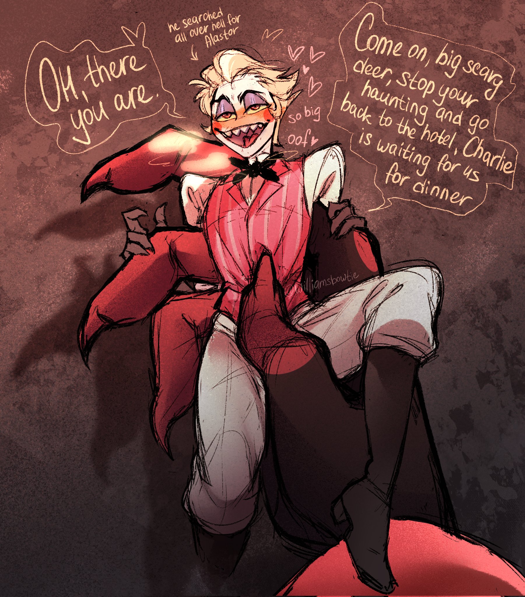 alastor (hazbin hotel), blonde hair, blush, gay, hazbin hotel, holding, light skin, light-skinned male, lucifer morningstar (hazbin hotel), male, red clothing, size difference, steamy breath, trapped, williamsbowtie