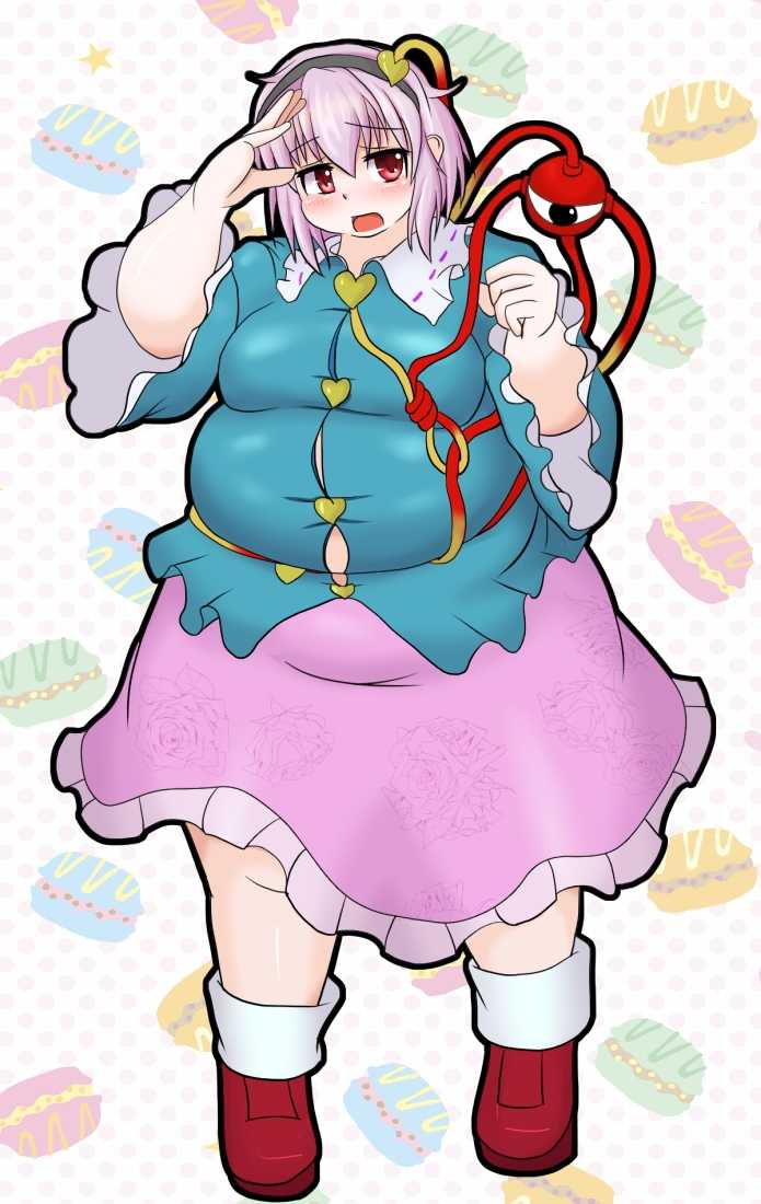 bbw, belly overhang, big belly, big female, blush, chubby, chubby female, embarrassed, fat, fat female, fat fetish, fatty, female, giantess, large female, mini giantess, obese, obese female, overweight, overweight female, pink hair, plump, pork chop, satori komeiji, thick thighs, third eye (touhou), tight clothing, tight fit, touhou, tubby, weight gain