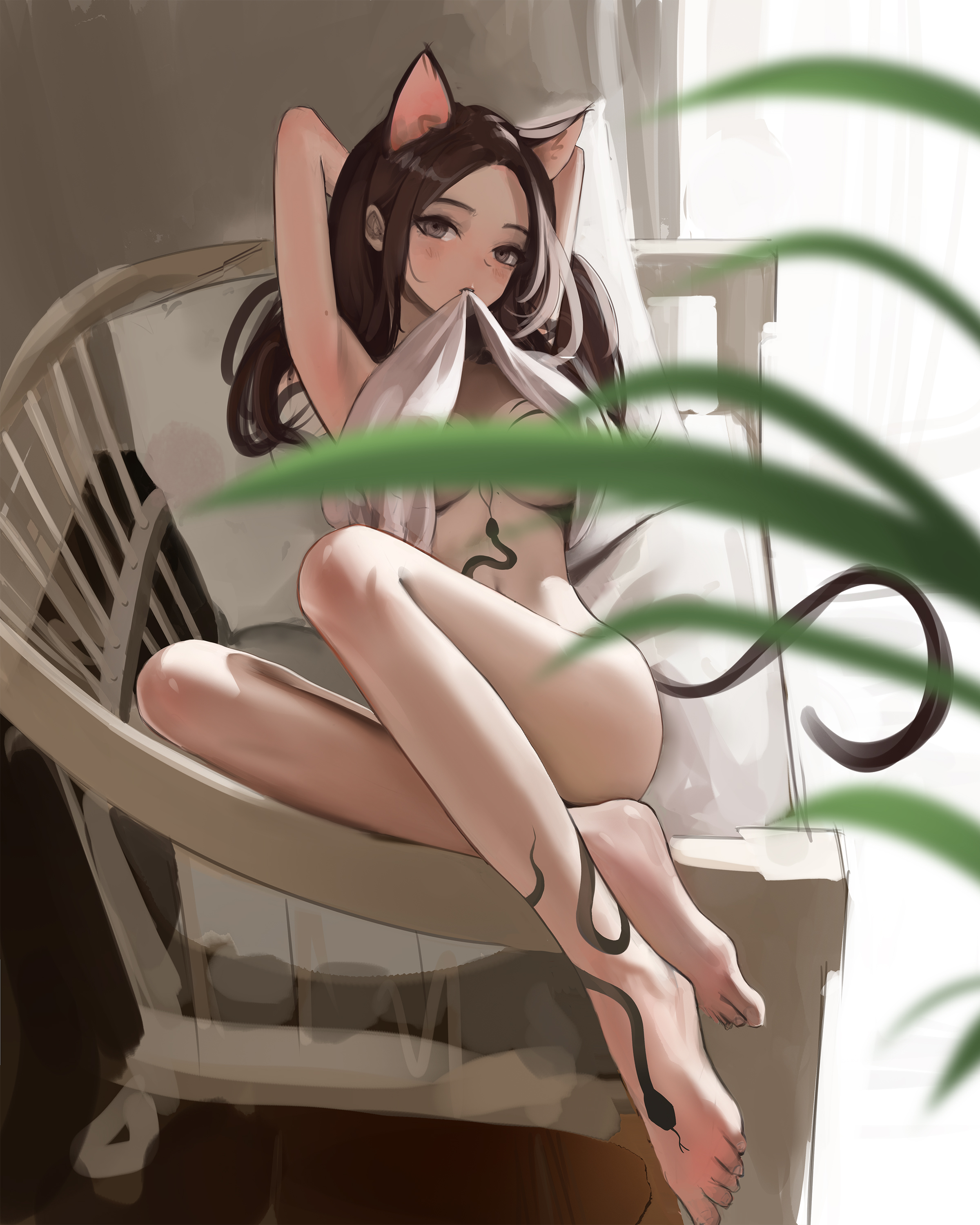 1girls, ankle tattoo, arms behind head, barefoot, breasts, breasts out, cat ears, cat tail, censored, convenient censoring, feet, female, grey eyes, light skin, light-skinned female, looking at viewer, mawaw, shirt lift, sitting, smooth skin, solo, solo female, stomach tattoo
