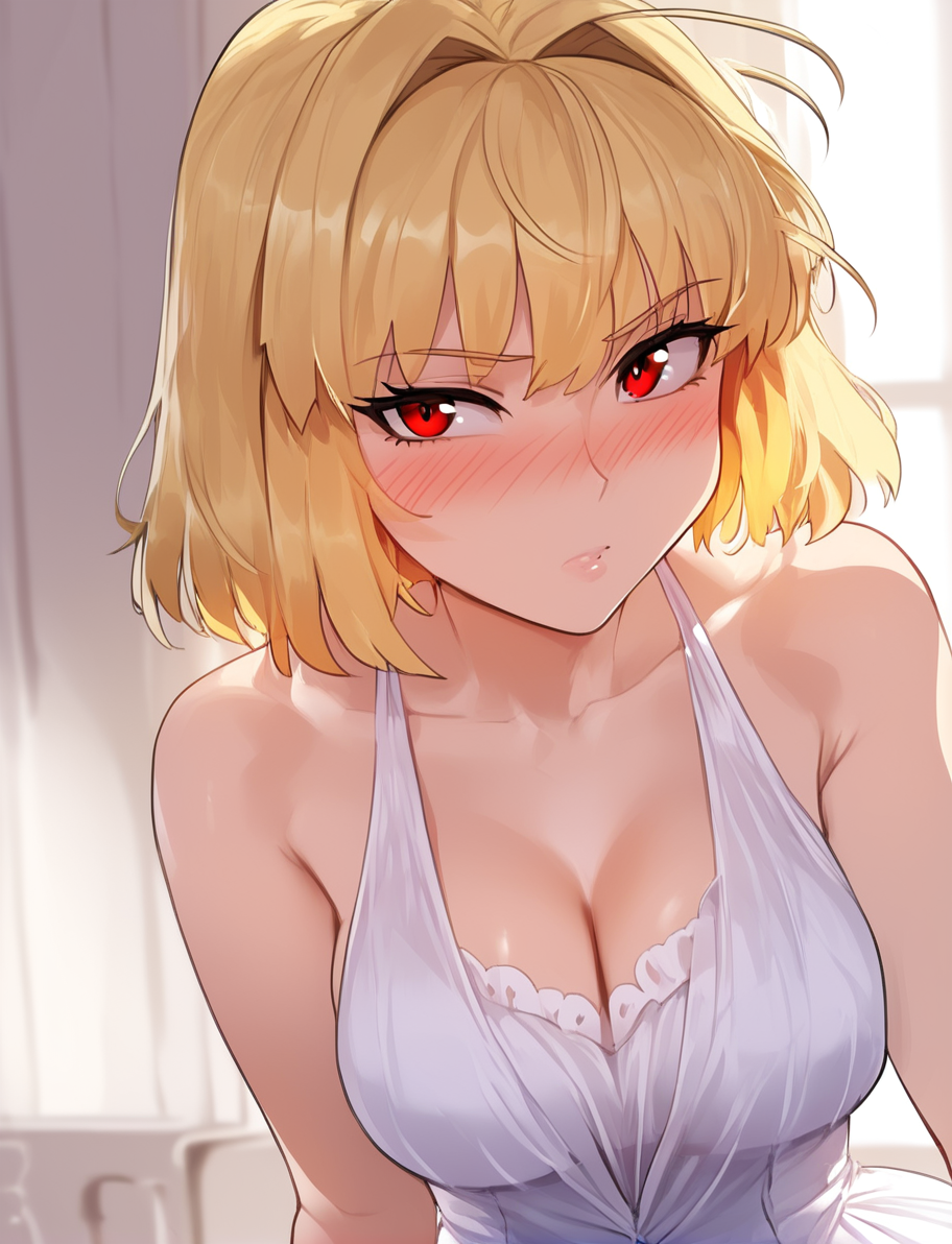 ai_generated arcueid_brunestud big_breasts blonde_hair breasts cleavage dress fate_(series) girl hi_res high_resolution highres hollowbeak huge_breasts red_eyes short_hair tagme tsukihime type-moon