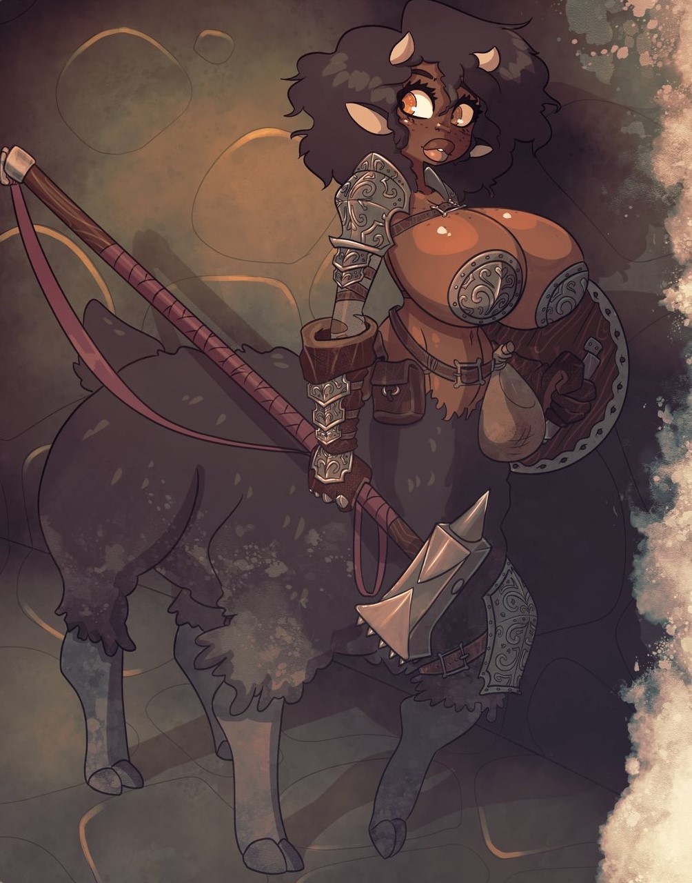 4_legs almost_naked amber_eyes armor_pasties bags barely_clothed belt belts big_breasts big_hair black_hair centaur centaur_girl centauress fantasy fluffy_fur fluffy_hair fur hammer hooves horn horns impractical_armor jack_cayless no_bra orange_eyes poofy_hair pouch pouches rapscallion rapscallion_art rapscallion_games revealing revealing_clothes shield shoulder_armor shoulder_pad shoulder_pads skimpy skimpy_clothes taur ttrpg vice_&_violence