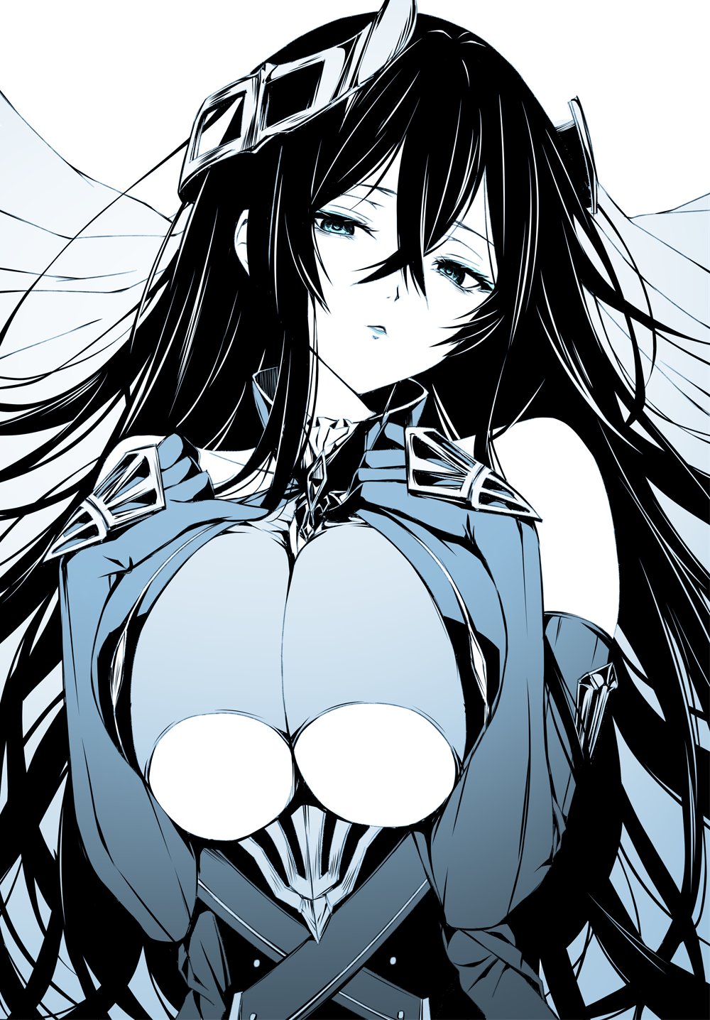 bare_shoulders black_hair blue_background blue_theme breasts brooch cleavage clothing_cutout counter:side crossed_bangs elbow_gloves female gloves gradient_background hair_spread_out half-closed_eyes halterneck hands_on_own_chest head_tilt headgear highres jewelry large_breasts long_hair looking_at_viewer mixed-language_commentary moka_(mochafree) monochrome parted_lips plaga_(counter:side) solo underboob_cutout underbust veil very_long_hair white_background