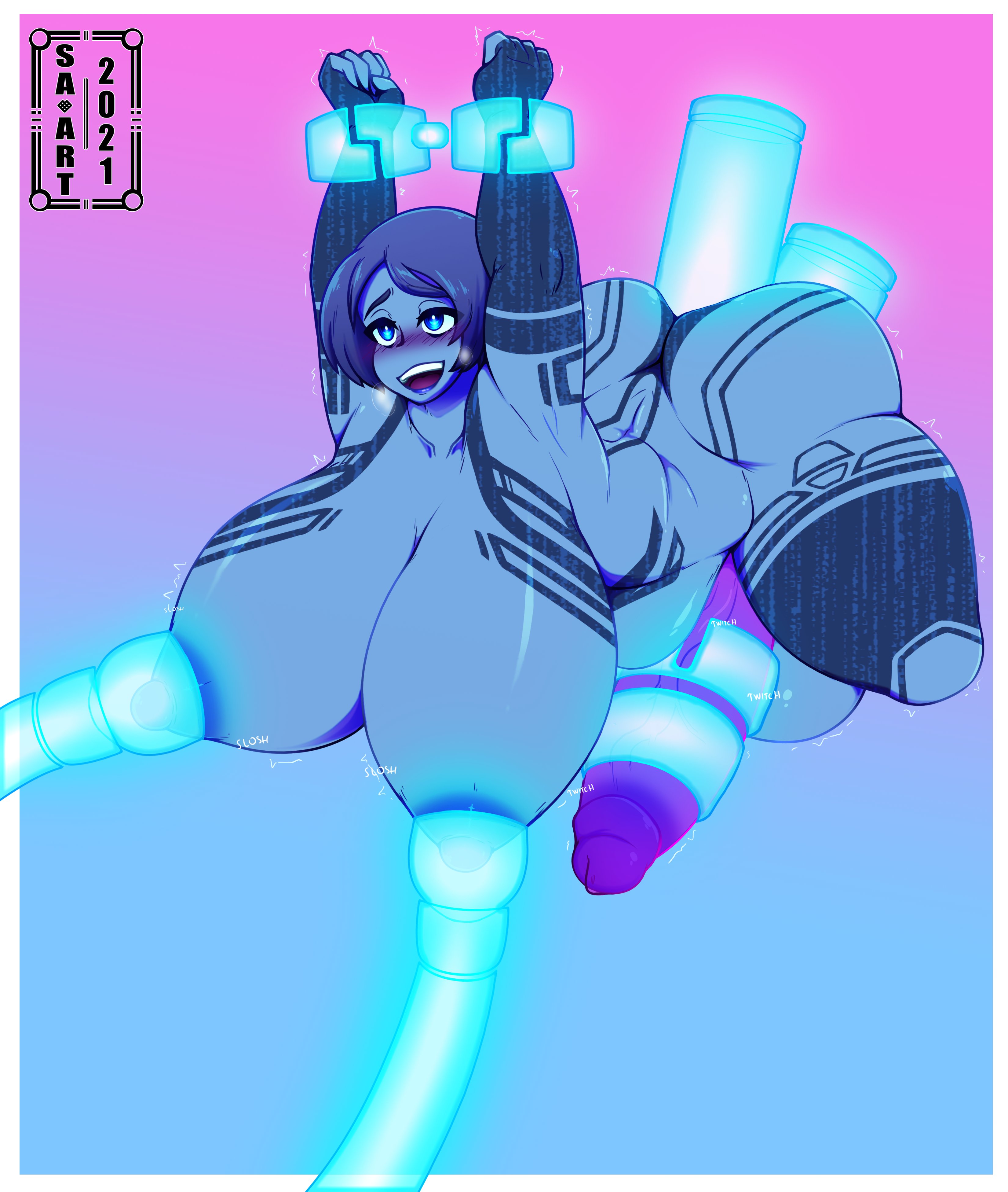1futa, 2d, anal, anal insertion, areolae, artificial intelligence, ass, balls, blue skin, blush, breasts, condom, condom on penis, cortana, dark skin, dark-skinned futa, dickgirl, double penetration, erect nipples, erection, full-package futa, futa milking, futa only, futanari, futasub, glowing, halo (series), huge ass, huge breasts, huge cock, humanoid, humanoid penis, hyper, hyper balls, hyper penis, intersex, lactation, milking, milking machine, nipples, nude, penis, penis milking, penis milking machine, pussy, restrained, short hair, solo, stomach bulge, strangeazian, suspension, thick thighs, vaginal insertion, wide hips