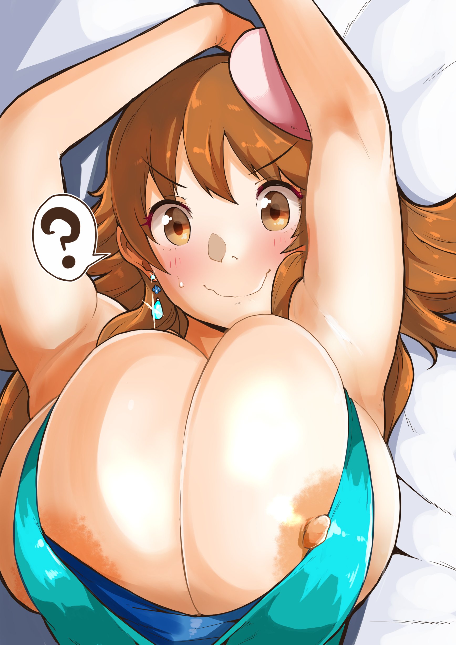 41 (taskmaster41), absurdres, areolae, arms up, bikini, bikini top, breasts, brown hair, commentary request, female, glands of montgomery, highres, huge breasts, idolmaster, idolmaster cinderella girls, katagiri sanae, large areolae, nipple slip, nipples, smile, swimsuit, upper body