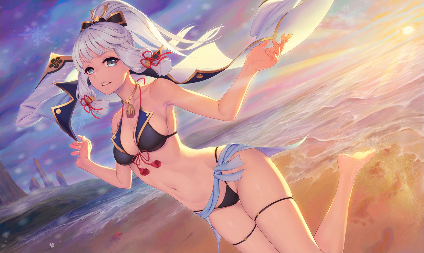artist request, beach, bikini, blue eyes, dutch angle, female, female focus, female only, genshin impact, jacket, kamisato ayaka, mole, mole under eye, necklace, outside, ponytail, sidelocks, tagme, white hair
