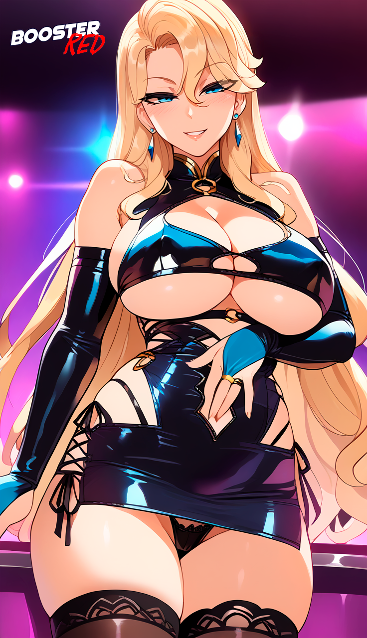 ai_generated bare_shoulders blonde_hair blue_eyes bodycon boosterred99 bridal_gauntlets cameltoe cleavage clothing_cutout covered_navel covered_nipples cutout dress female female_only kurashiki_reika large_breasts latex_panties long_hair pony_diffusion_xl post-timeskip saimin_seishidou seductive seductive_look seductive_smile shiny_clothes side-tie_panties side_locks sideboob skirt solo stockings underboob voluptuous voluptuous_female