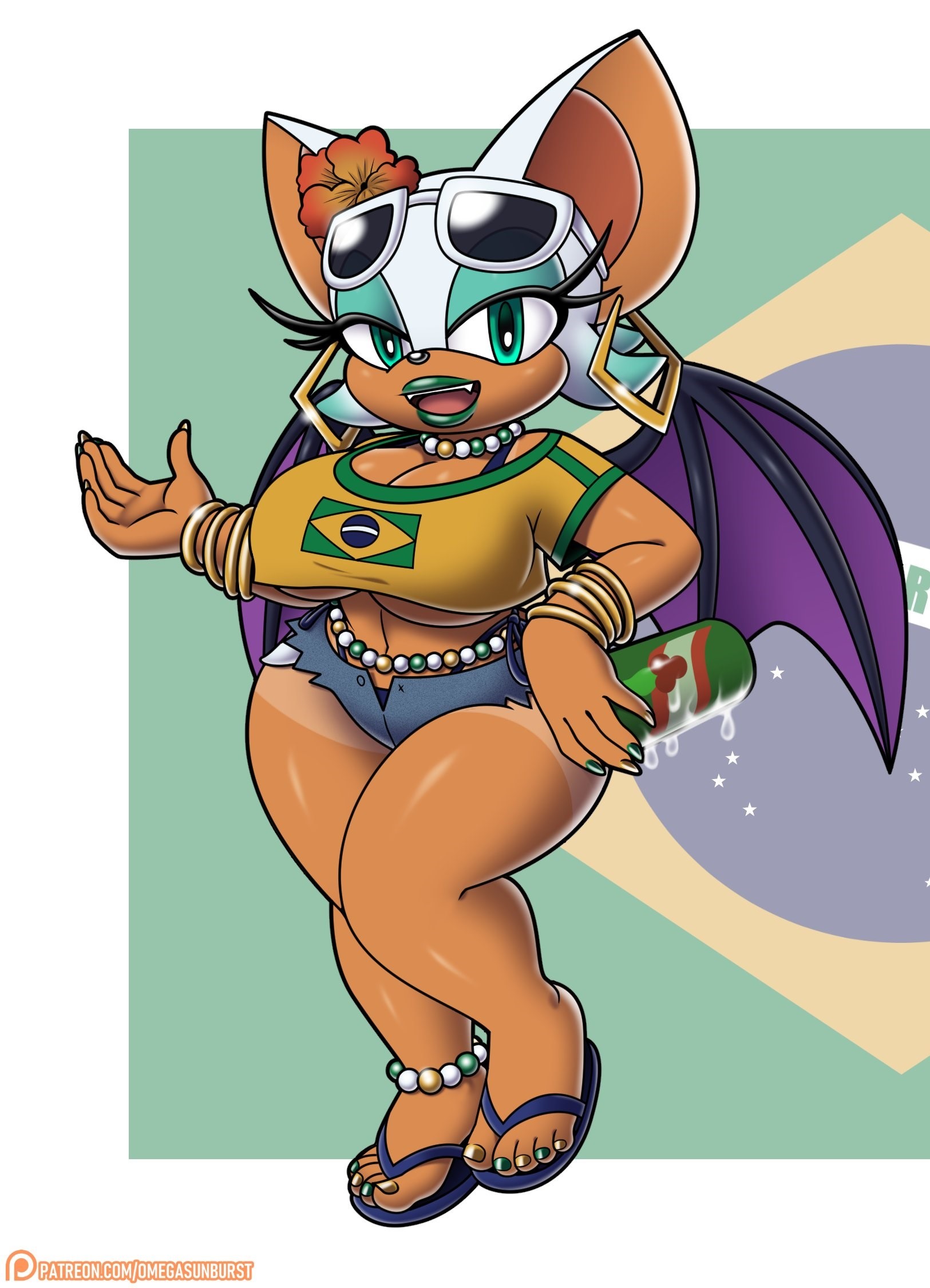 anthro, anthro female, anthro only, ass, big ass, big breasts, brazil, brazilian, breasts, earrings, eyeshadow, female, flower in hair, furry, furry female, furry only, green eyes, green eyeshadow, green lipstick, lipstick, mobian (species), omegasunburst, rouge the bat, sega, sonic (series), sonic the hedgehog (series), sunglasses, sunglasses on head