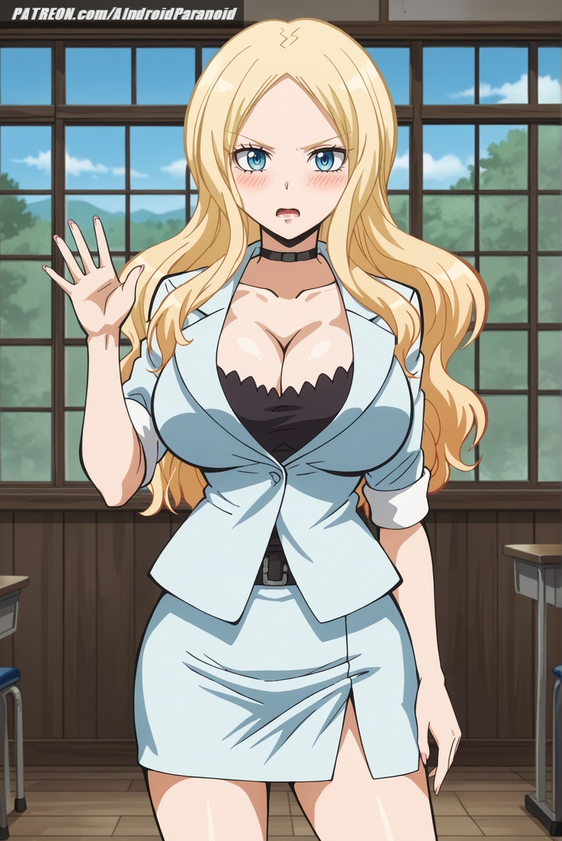 ai_generated aindroidparanoid ass assassination_classroom big_ass big_breasts big_butt blonde_hair blue_eyes breasts busty choker classroom cleavage curvy fat_ass female female_only hips huge_ass huge_breasts huge_butt irina_jelavic large_ass large_breasts large_butt long_hair mature mature_female narrowed_eyes nipples slim_waist stable_diffusion standing taller_girl teacher voluptuous waving wavy_hair