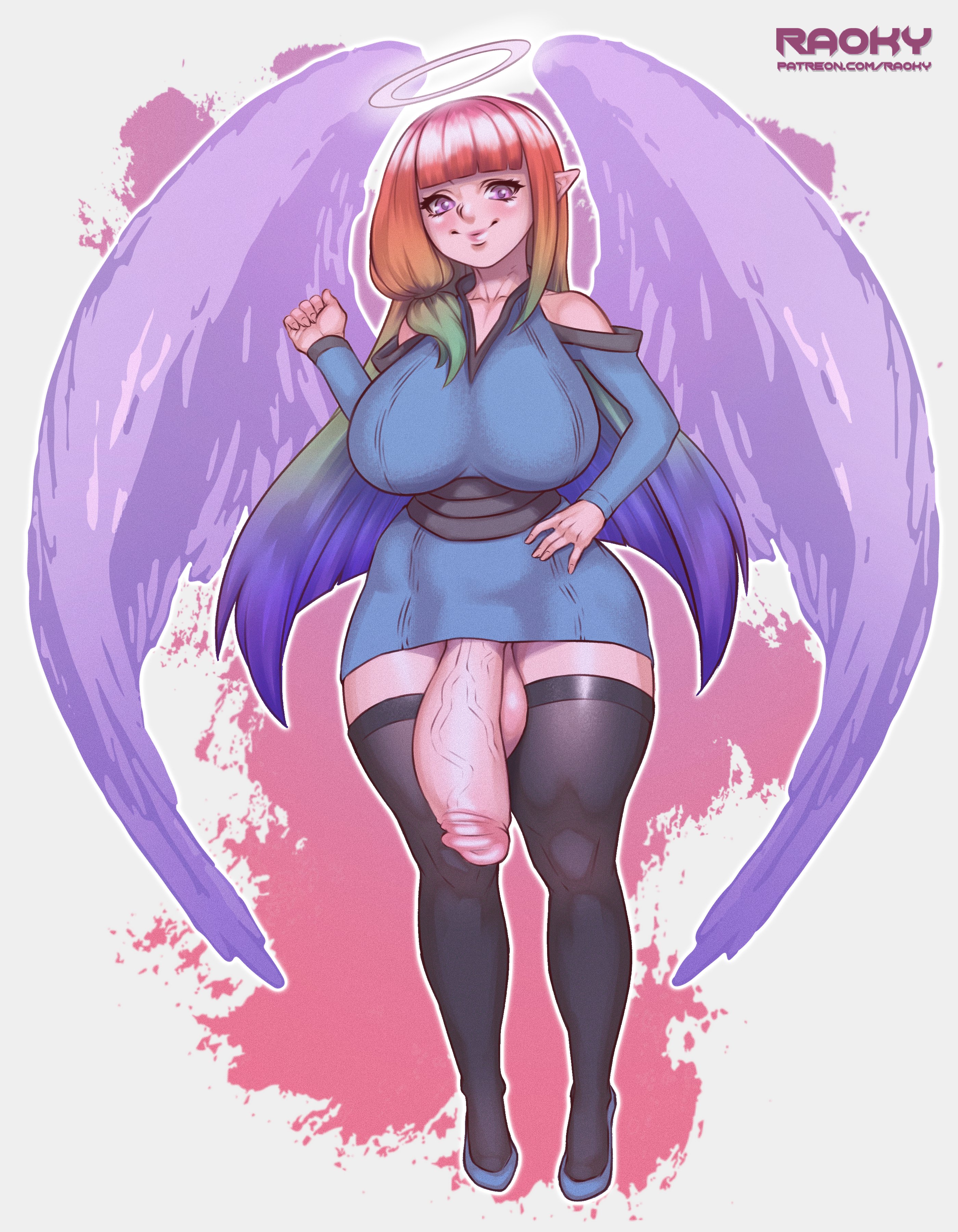 1futa, angel, balls, bangs, big balls, big breasts, bottomless, breasts, clothed, clothing, flaccid, full body, futa only, futanari, halo, huge balls, huge cock, humanoid, humanoid penis, intersex, light skin, light-skinned futa, long hair, multicolored hair, pale skin, partially clothed, penis, raoky, solo, standing, thick thighs, thighhighs, wide hips, wings, xaessya