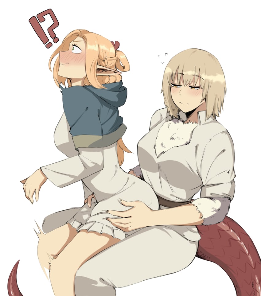 !? 2girls absurdres blonde_hair blue_capelet body_fur capelet clothed_sex dragon_tail dungeon_meshi elf evaleen_d falin_touden falin_touden_(tallman) fanon_couple highres hood hooded_capelet implied_futanari implied_sex marcille_donato monster_girl multiple_girls pointy_ears reverse_upright_straddle sitting sitting_on_lap sitting_on_person spoilers surprised tail white_fur yuri