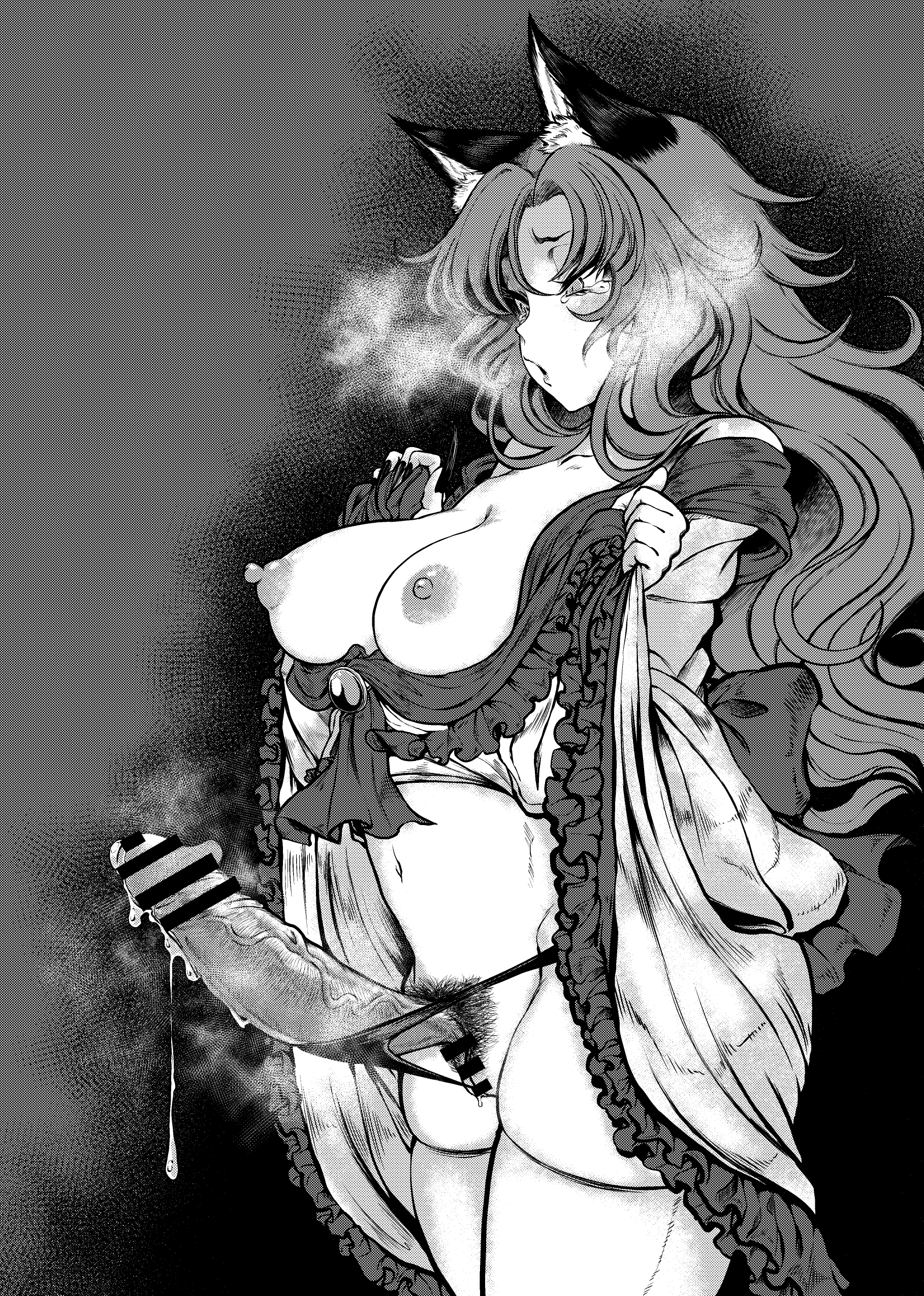 1futa, animal ears, areolae, big breasts, big penis, breasts, citone, clothed, clothing, cum, cum drip, dress, dress lift, erect nipples, erection, female, functionally nude, futa only, futa sans balls, futanari, humanoid, humanoid penis, intersex, kagerou imaizumi, kemonomimi, large penis, long hair, monochrome, nipples, partially clothed, penis, precum, precum drip, pubic hair, pussy, solo, standing, thighhighs, touhou, veiny penis, wolf girl