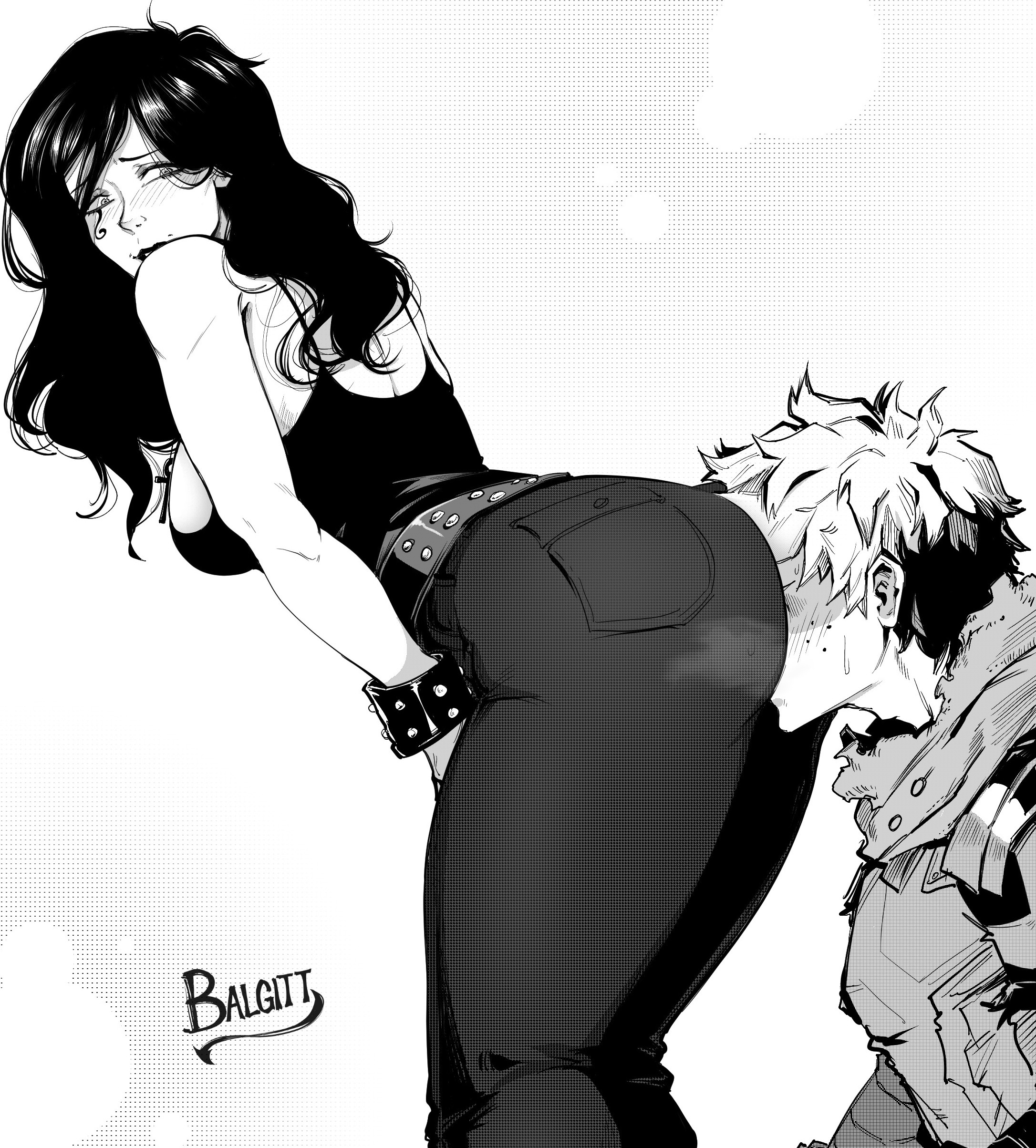 1boy, 1girls, absurdres, anime character, ass, balgitt, belt, bending, bending down, bending forward, bending over, bending over position, bent over, black and white, black belt, black hair, black jeans, black lip, black lips, black lipstick, black pants, black shirt, black tank top, blush, blush lines, blushing at another, blushing at partner, blushing female, boku no hero academia, boots, closed mouth, closed smile, clothed, comic book character, crack pairing, crack ship, crossover, crossover pairing, crossover ship, crossover shipping, dark jeans, dc, dc comics, de, death, death (entity), death (personification), death of the endless, deity, deku, denim, dithering, eastern and western character, face between buttocks, face in ass, face in butt, face on ass, face on butt, female, female on top, female/male, femdom, goddess, goth, goth fashion, goth girl, gothic, greyscale, hands on knees, hands on thighs, highres, human on humanoid, humanoid, izuku midoriya, izuku midoriya (hero outfit), jeans, light skin, light-skinned female, looking at another, looking at partner, looking back, looking down, looking pleasured, male, male/female, malesub, midoriya izuku, midoriya izuku (hero outfit), monochrome, my hero academia, no color, pale skin, pale-skinned female, pants, pocket, presenting ass, presenting hindquarters, shirt, simple background, small smile, smile, stinkface, tank top, the sandman, the sandman (dc), tight, tight clothes, tight clothing, tight jeans, tight pants, victorbalgitt, victorbalgitt1boy, white background, white body, white skin