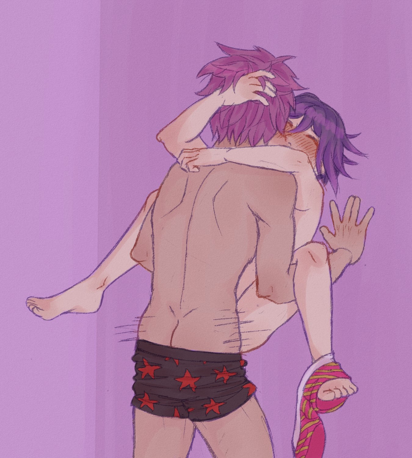 2boys, ass, blush, closed eyes, danganronpa, danganronpa v3, gay, legs apart, legs held open, male, male only, male penetrating, male/male, momota kaito, ouma kokichi, partially clothed, purple hair, sex, stand and carry position, standing, standing sex, straight hair, underwear, underwear around one leg, underwear aside, underwear down, yaoi