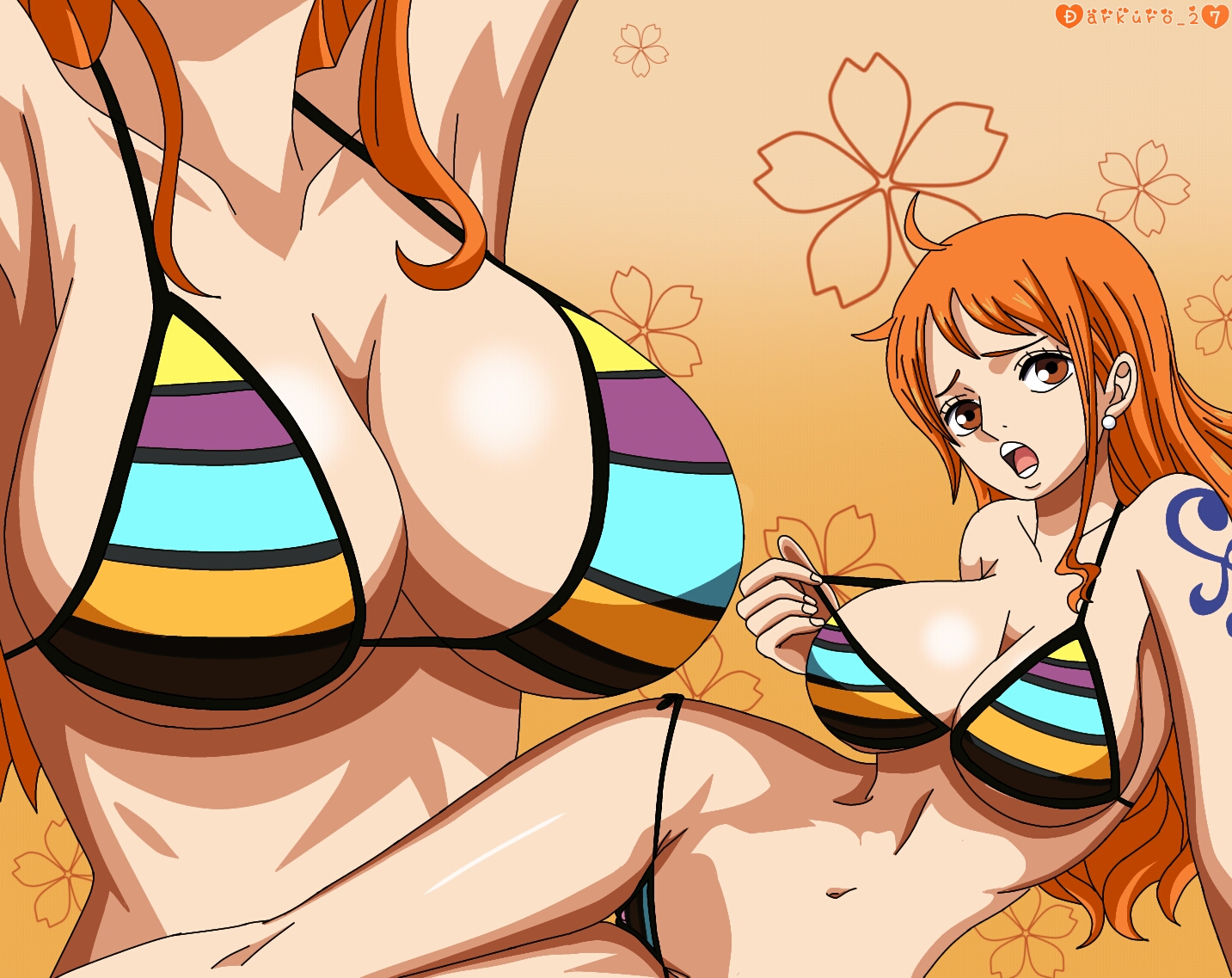 1girls, alternate version available, arm tattoo, armpits, arms up, big breasts, bikini, bikini bottom, bikini top, black panties, black thong, blue tattoo, breasts, brown eyes, busty, cleavage, close-up, clothing, darkuro 27, ear piercing, earrings, fat breasts, female, female focus, female only, flat belly, g-string, jiggling breasts, large breasts, light skin, light-skinned female, long hair, nami (one piece), one piece, open mouth, orange hair, orange-haired female, pale skin, pale-skinned female, panties, pose, posing, sideboob, sitting, solo, solo female, solo focus, striped bikini, swimsuit, tattoo, thong, underboob, wide hips