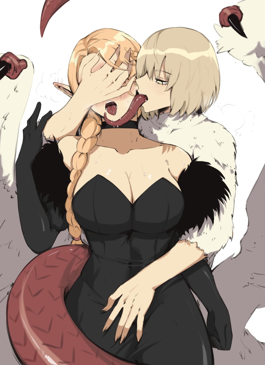 2girls absurdres alternate_breast_size black_dress black_gloves blonde_hair blush body_fur breasts chimera cleavage covering_another's_eyes dragon_tail dress dungeon_meshi ear_blush elbow_gloves elf evaleen_d falin_touden falin_touden_(chimera) fangs feathered_wings feathers fur-trimmed_dress fur_trim gloves half-closed_eyes hand_on_another's_arm hand_on_another's_crotch highres large_breasts licking licking_another's_face long_tongue looking_down marcille_donato marcille_donato_(lord) monster_girl multiple_girls open_mouth pointy_ears saliva short_hair spoilers strapless strapless_dress sweat tail tail_wrap talons teeth tongue tongue_out white_feathers wings yellow_eyes yuri