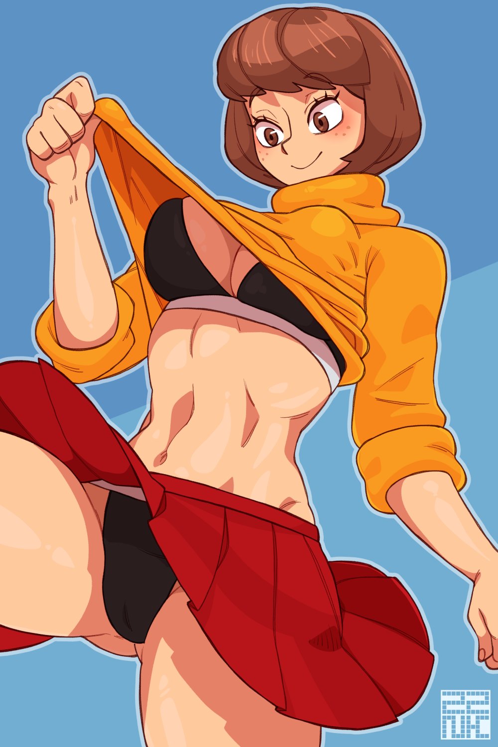1girls, alternate version available, bob cut, bra, breasts, brown eyes, brown hair, cleavage, clothed, female, female only, freckles, hanna-barbera, large breasts, navel, panties, plain background, scooby-doo, short hair, skirt, smile, solo, sweater lift, turtleneck, upskirt, velma dinkley, zznakuu