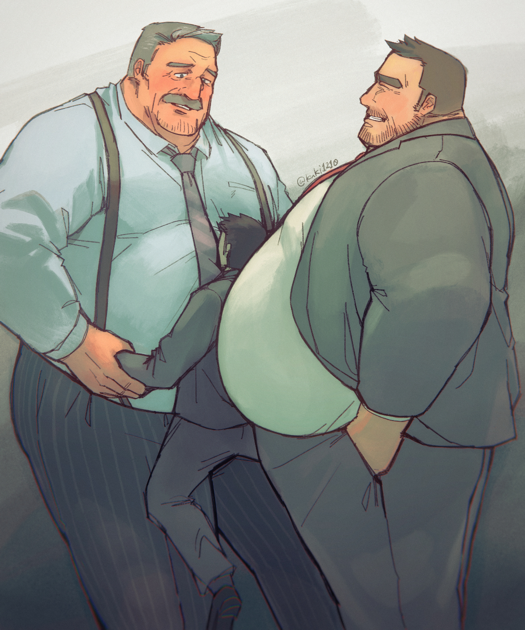 3boys bara belly big_belly blush clothing facial_hair fat fat_belly fat_man fully_clothed huge_belly human kuki1210 large_belly larger_male male male_only moustache obese obese_male overweight overweight_male sandwiched size_difference smaller_male tie