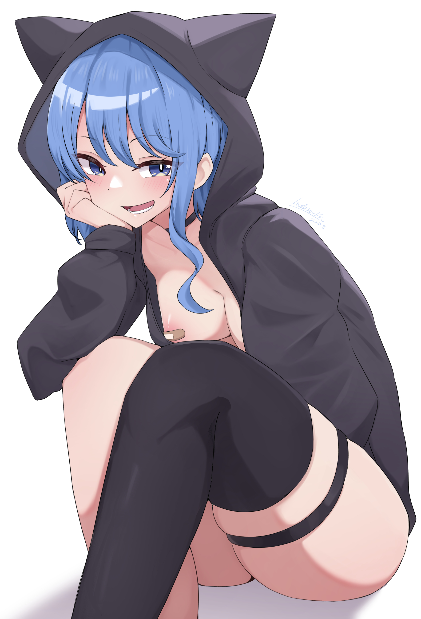 1girls, alternate breast size, bandage, bandaids on nipples, blue hair, breasts, female, hashira 14, hololive, hololive gen 0, hololive japan, hoodie, hoshimachi suisei, medium breasts, thighs, virtual youtuber