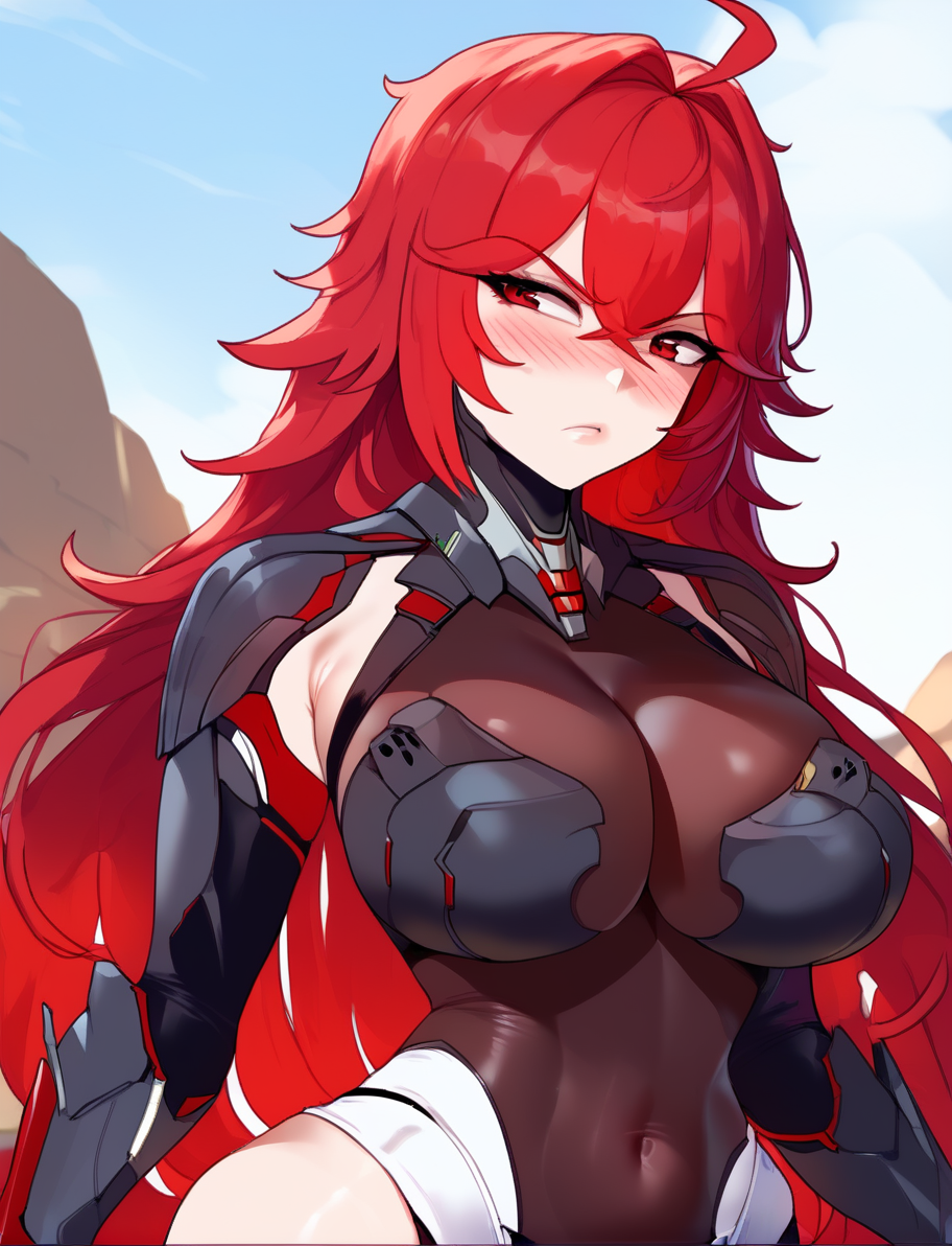 ai_generated armor armored_female big_breasts blush bodysuit boob_armor breasts cleavage frown gigantic_breasts girl goddess_of_victory:_nikke hi_res high_resolution highres hollowbeak huge_breasts long_hair nihilister_(nikke) red_eyes red_hair tagme tight_clothes tight_clothing tight_fit