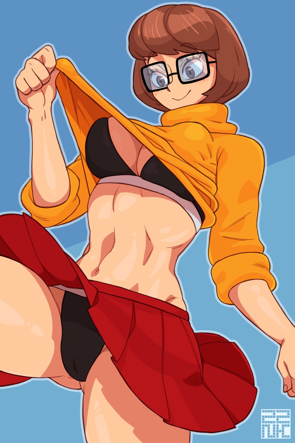 1girls, alternate version available, bob cut, bra, breasts, brown eyes, brown hair, cleavage, clothed, female, female only, freckles, glasses, hanna-barbera, large breasts, navel, panties, plain background, scooby-doo, short hair, skirt, smile, solo, sweater lift, turtleneck, upskirt, velma dinkley, zznakuu