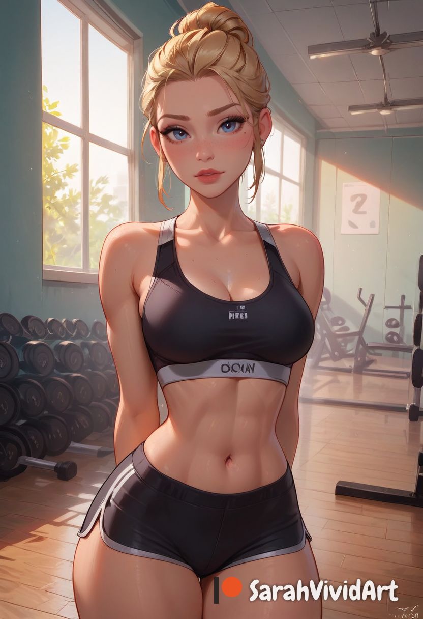 1girls abs ai_generated arms_behind_back athletic_female blonde_hair blonde_hair blonde_hair_female blush blushed female female female_focus gym gym_clothes gym_shorts medium_breasts original original_character personal_trainer sarahvividart seductive seductive_eyes seductive_look shiny_skin shorts solo solo_focus sports_bra thin_waist trainer wide_hips