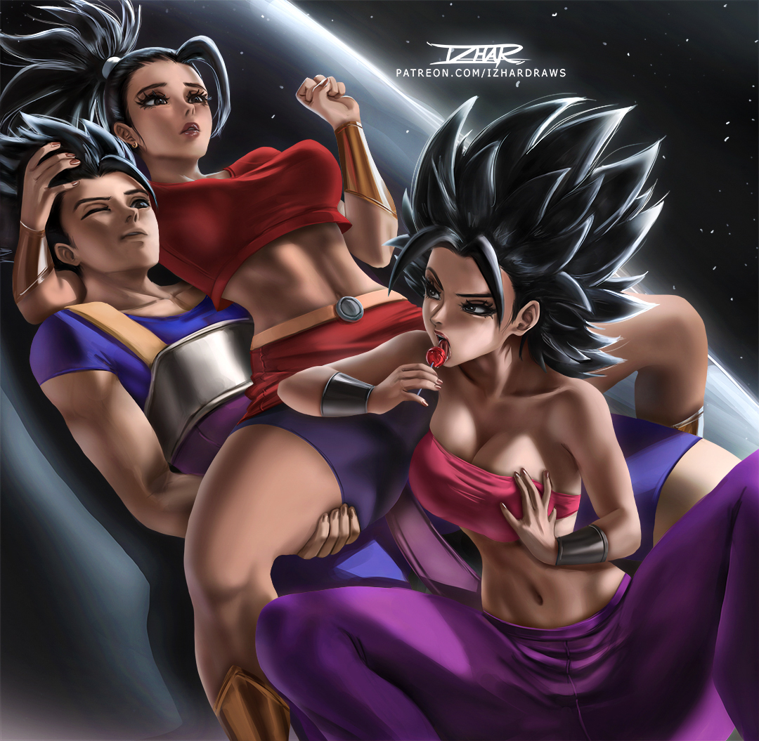 1boy, 2girls, big breasts, black hair, breasts, cabba, caulifla, dragon ball, dragon ball super, female, huge breasts, izhardraws, kale, male, multiple females, multiple girls, saiyan, tagme