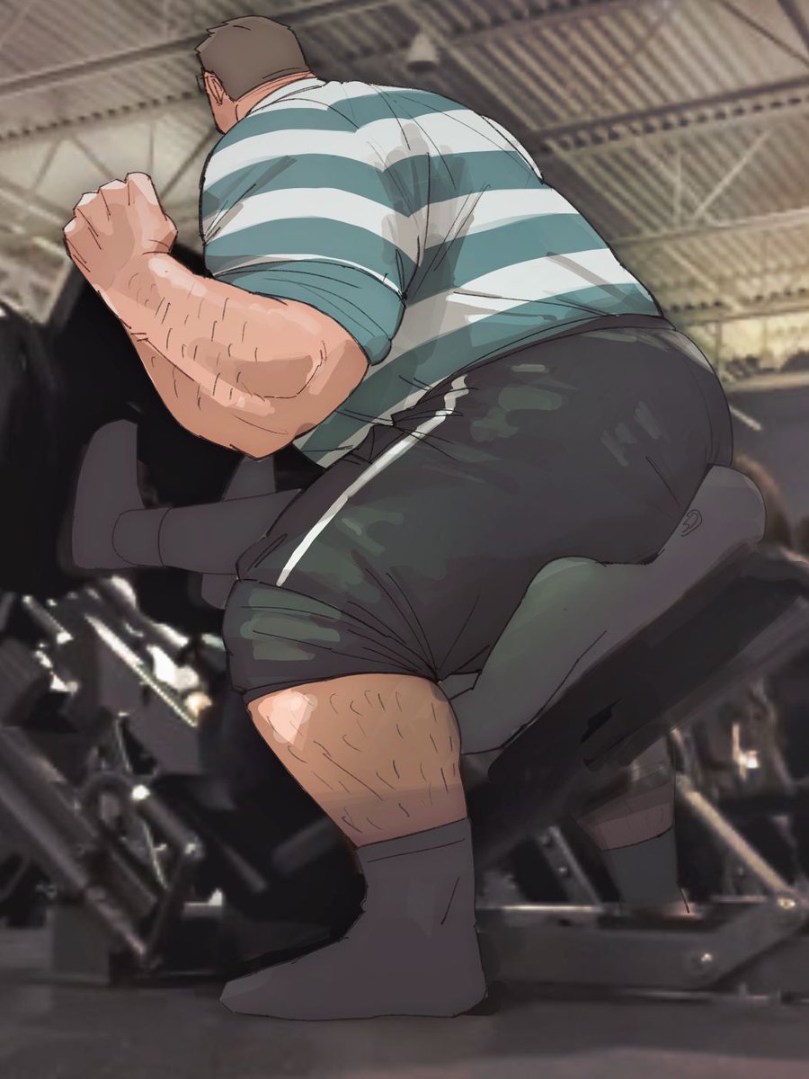 bara clothing exercise_equipment exercising facesitting fully_clothed gay kuki1210 leg_press leg_press_meme male male_only size_difference