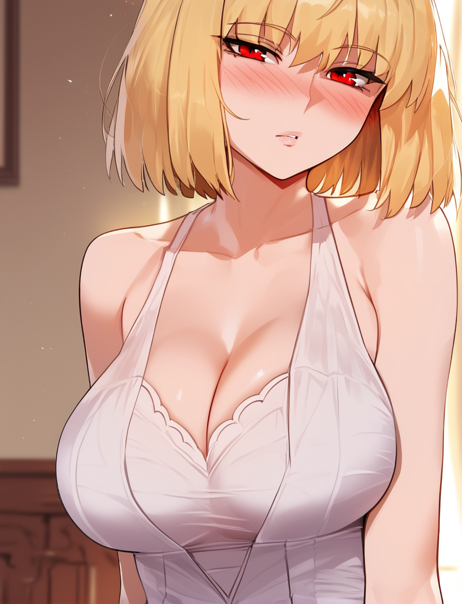 ai_generated arcueid_brunestud big_breasts blonde_hair breasts cleavage dress fate_(series) girl hi_res high_resolution highres hollowbeak huge_breasts red_eyes short_hair tagme tsukihime type-moon