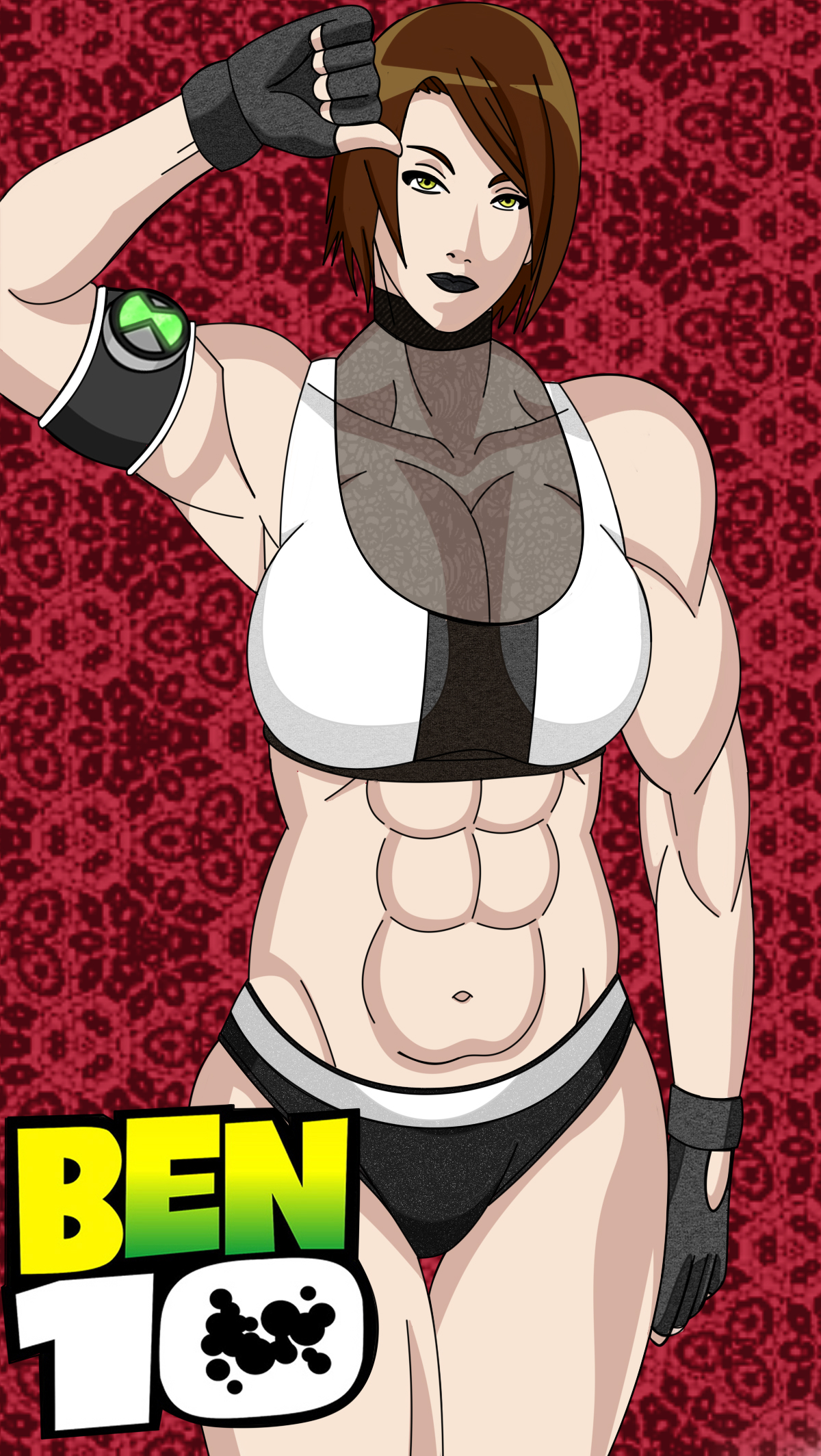 1girls, abs, alien, alien girl, ben 10, ben tennyson, black lipstick, bob cut, breasts, cleavage, female, female ben, female focus, female only, fingerless gloves, gloves, green eyes, jen tennyson, large breasts, maudxie, mtf transformation, muscular, muscular female, omnitrix, panties, rule 63, short hair, solo, solo female, solo focus, sports bra, transformation