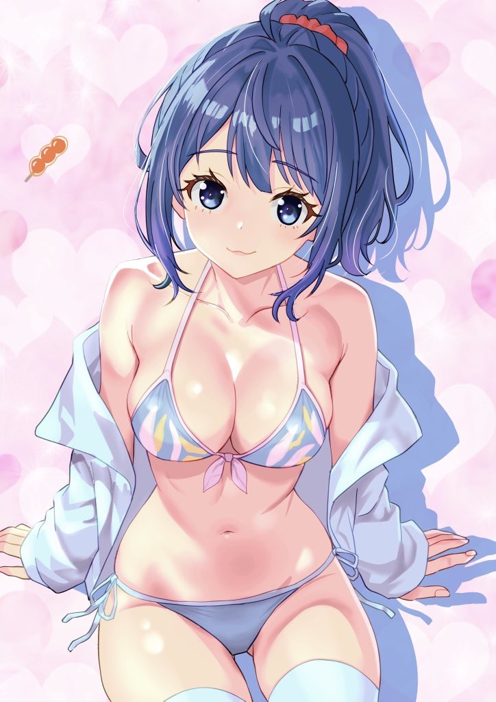 ass_visible_through_thighs bare_arms bare_belly bare_shoulders belly_button big_breasts bikini blue_bikini blue_eyes blue_hair blue_thighhighs blush breasts cleavage closed_mouth collarbone front-tie_bikini_top groin hair_ribbon jacket kousan make_heroine_ga_oo_sugiru! off_shoulder open_jacket ponytail side-tie_bikini_bottom sideboob sitting smile string_bikini thighhighs thighs yanami_anna zettai_ryouiki