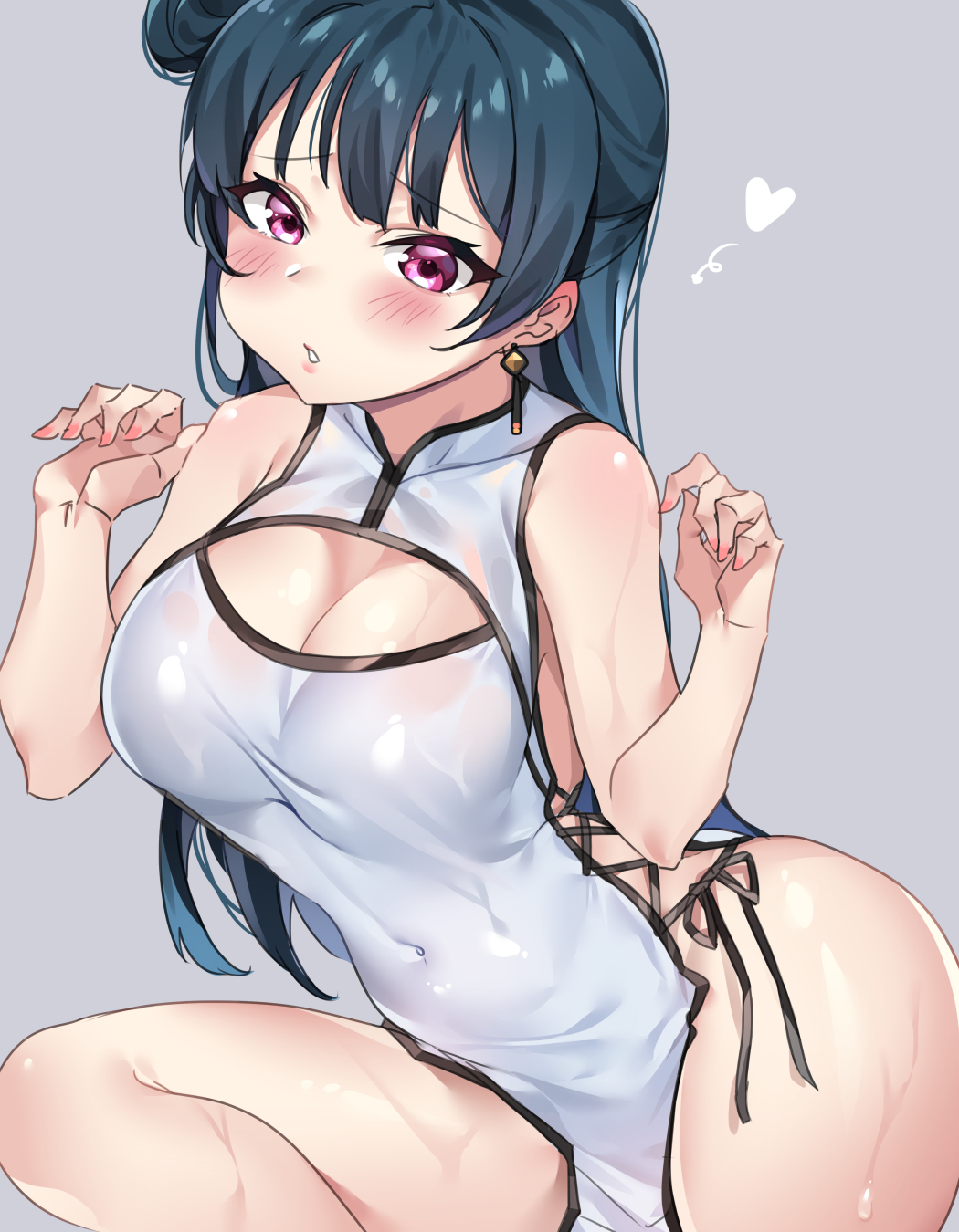 1girls, big breasts, blue hair, breasts, cheongsam, china dress, chinese clothes, earrings, female, hair bun, heart, love live!, love live! sunshine!!, purple eyes, qipao, tem10, tsushima yoshiko