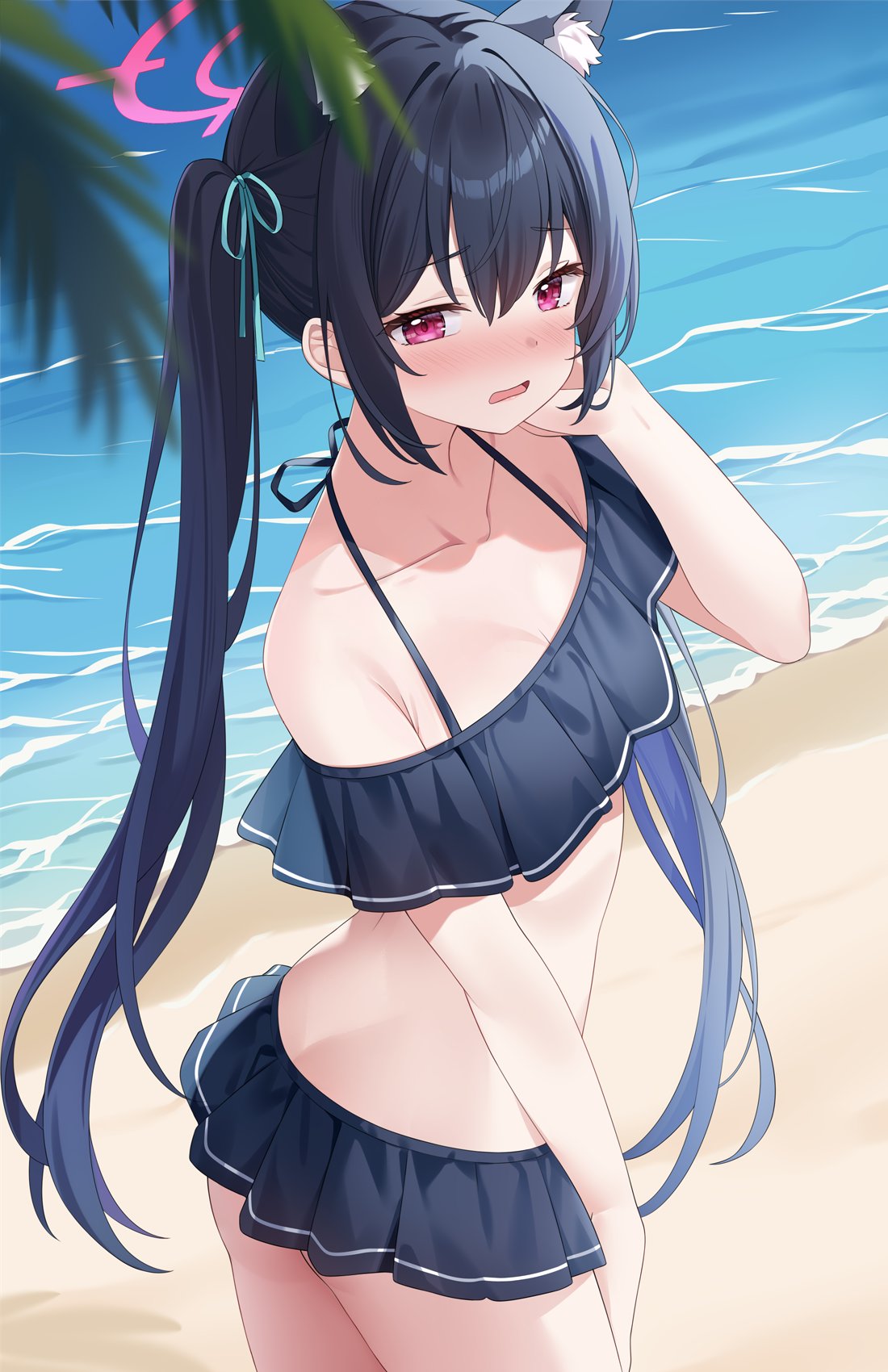 animal_ear_fluff animal_ears bare_shoulders bikini black_bikini black_hair blue_archive blush breasts cat_ears extra_ears female halo highres hitsukuya long_hair looking_at_viewer microskirt off_shoulder open_mouth red_eyes serika_(blue_archive) serika_(swimsuit)_(blue_archive) skirt small_breasts solo swimsuit thighs twintails