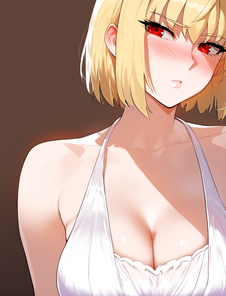 ai_generated arcueid_brunestud big_breasts blonde_hair breasts cleavage dress fate_(series) girl hi_res high_resolution highres hollowbeak huge_breasts red_eyes short_hair tagme tsukihime type-moon