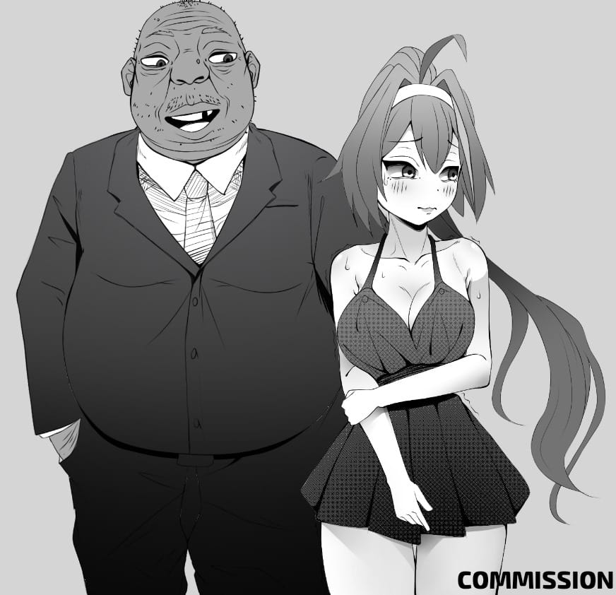 1boy 1girls big_breasts black_and_white commission dark-skinned_male dark_skin embarrassed fat_man female humiliation large_hair manga manipulation netorare original original_character skru suit_and_tie ugly_bastard ugly_man