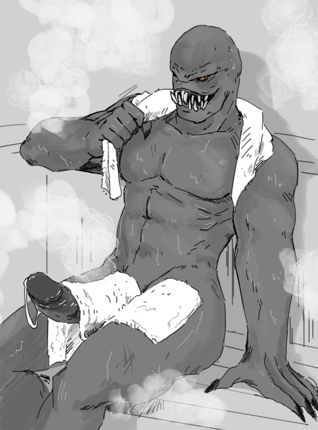 bara, drawfag, drawthread request, erection, gay, looking at viewer, male, male focus, male only, monster, muscles, muscular, mutant, nightmare husbando, precum, regenerador, resident evil, resident evil 4, sauna, video game character, yaoi