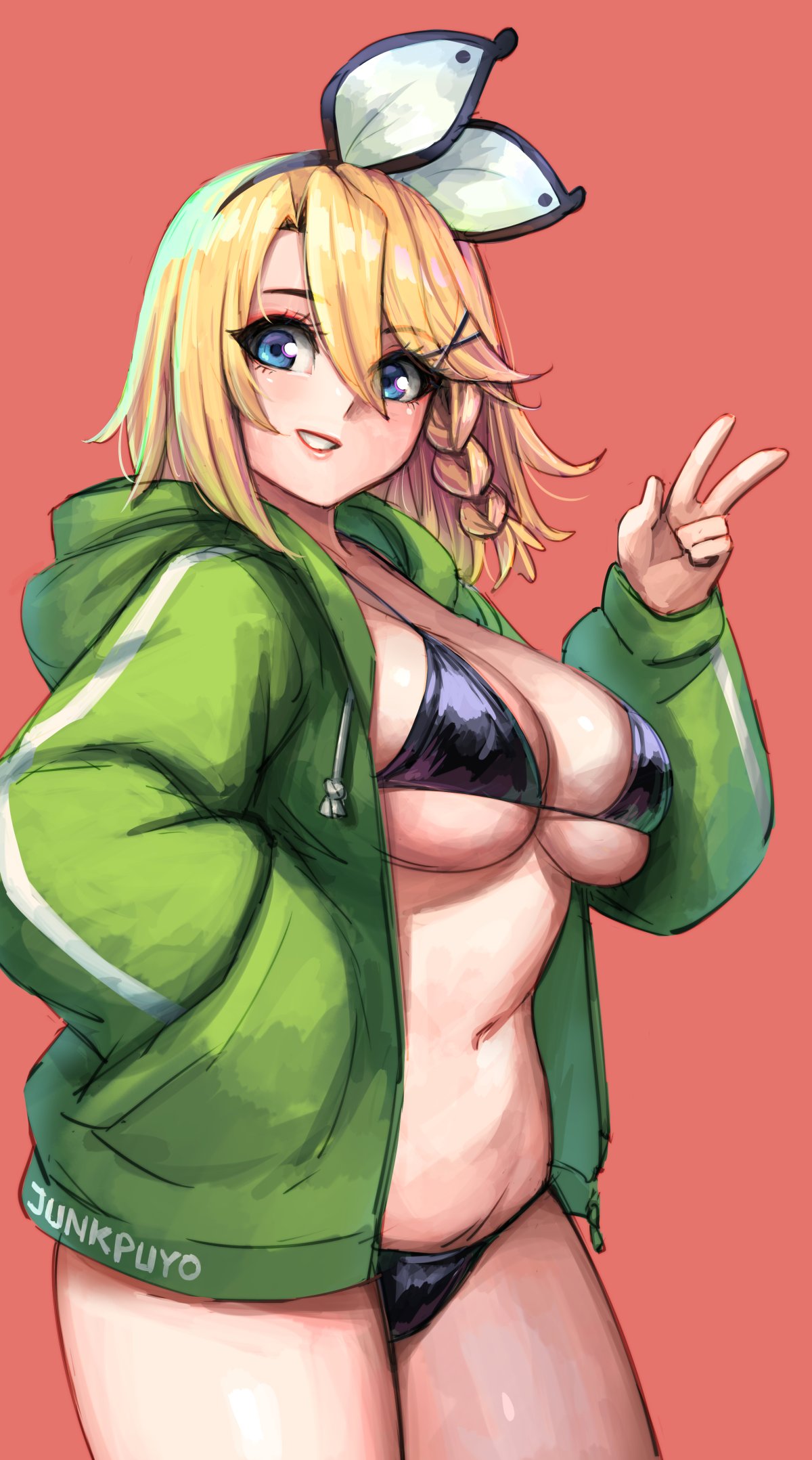 1girls, big breasts, bra, breasts, female, female only, hoodie, junkpuyo, large breasts, panties, solo