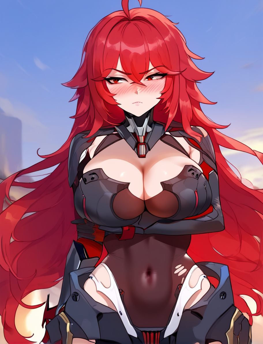 ai_generated armor armored_female big_breasts blush bodysuit boob_armor breasts cleavage frown gigantic_breasts girl goddess_of_victory:_nikke hi_res high_resolution highres hollowbeak huge_breasts long_hair nihilister_(nikke) red_eyes red_hair ripped_clothing tagme tight_clothes tight_clothing tight_fit