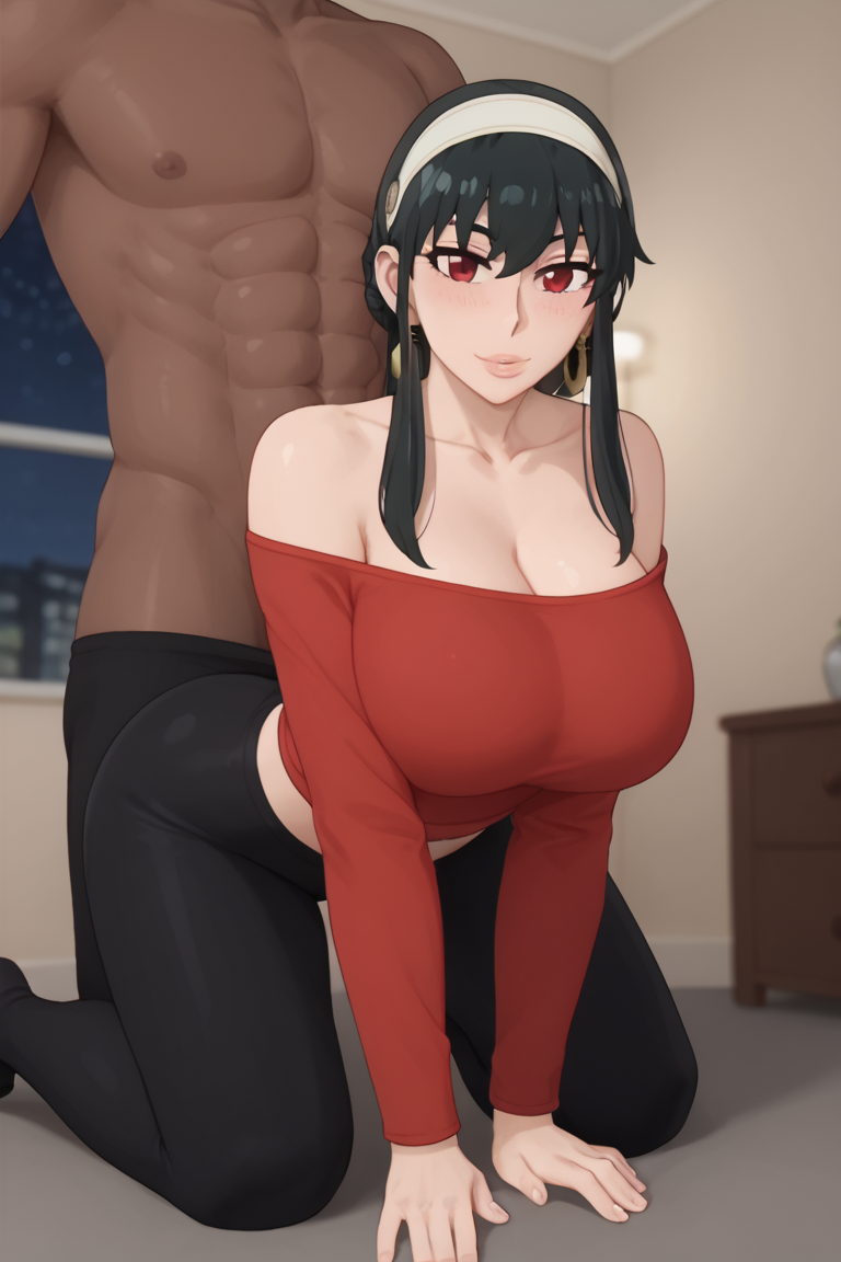 1boy 1girls ai_generated big_ass big_breasts black_body black_hair black_pants black_yoga_pants busty dark-skinned_male earrings interracial long_sleeves radnsad red_eyes red_sweater short_hair_with_long_locks sidelocks spy_x_family sweater thick_thighs yoga_pants yor_briar yor_forger