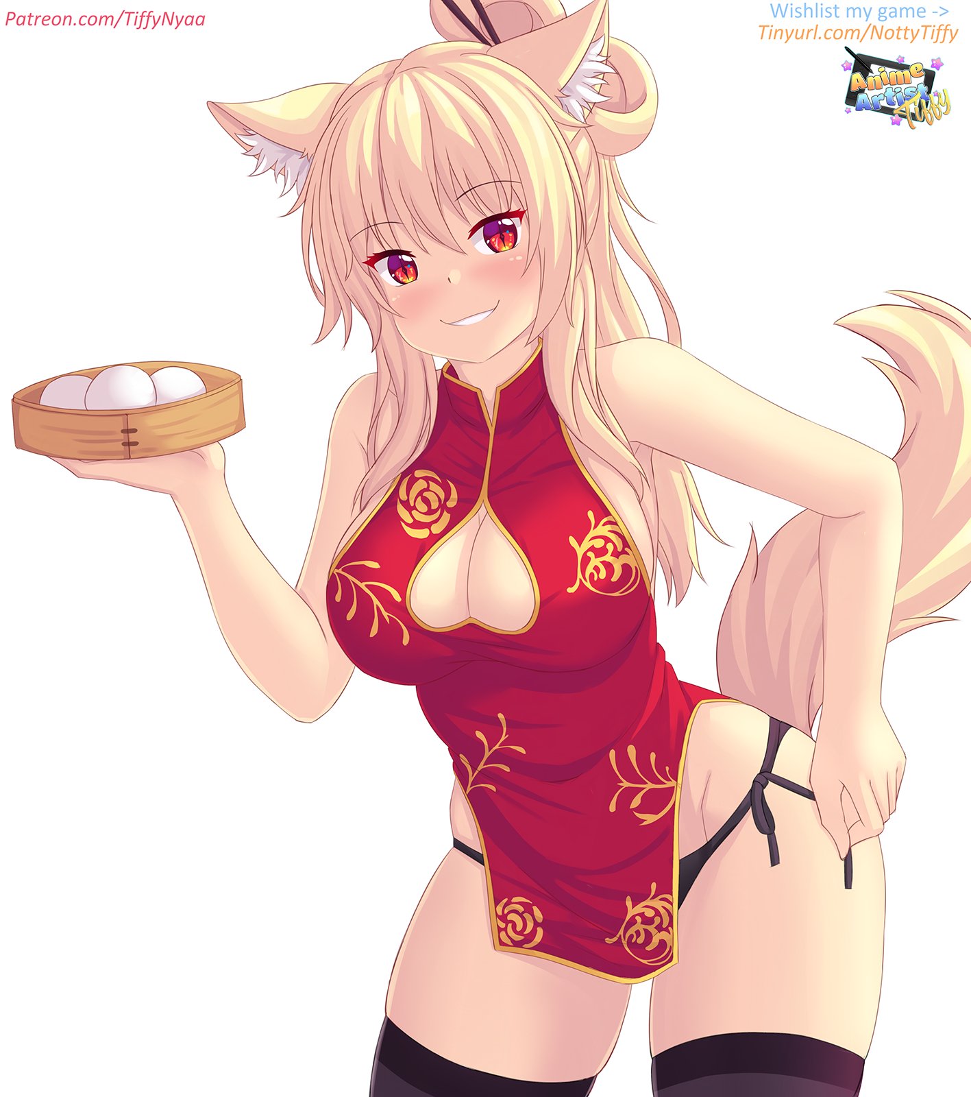 1girls, 2d, animal ears, black legwear, black panties, black thighhighs, blonde hair, blush, breasts, chinese clothes, cleavage, cleavage cutout, eyebrows visible through hair, fangs, female, food, hair bun, hair sticks, inner ear fluff, original, panties, patreon, red eyes, side-tie panties, sideboob, smile, solo, standing, stockings, tagme, tail, thighhighs, thighs, tiffy, tiffynyaa