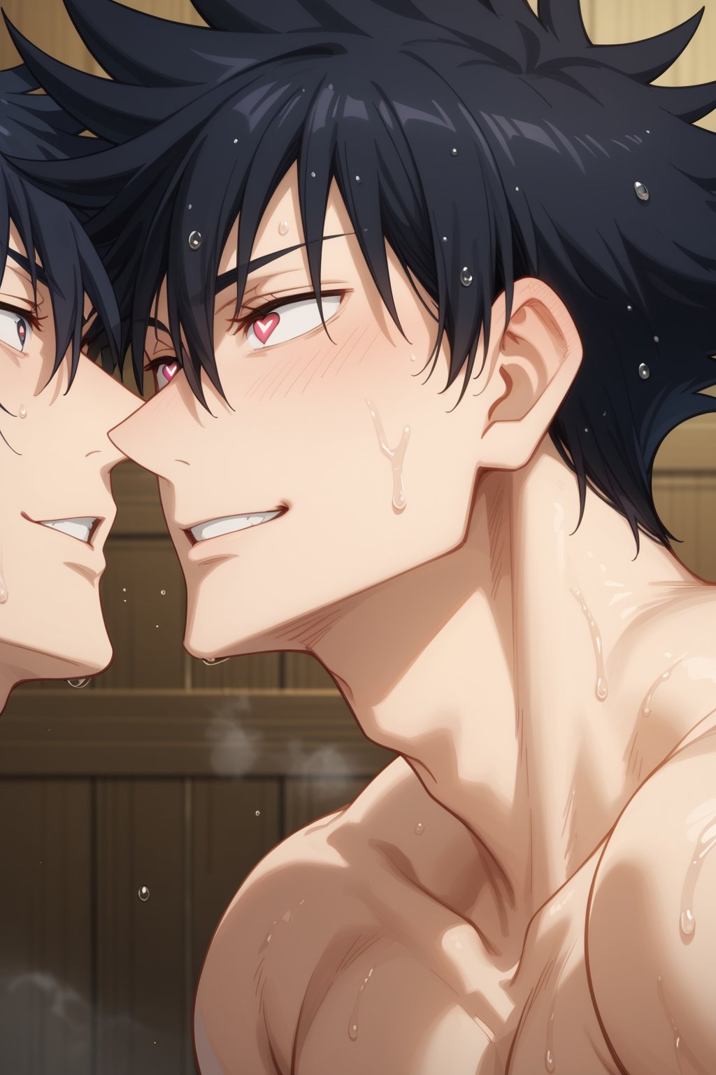 2boys ai_generated another_megumi bangs black_hair blush collarbone eye_contact eyelashes fushiguro_megumi grin hair_between_eyes heart heart-shaped_pupils jujutsu_kaisen looking_at_another male_focus multiple_boys muscular_male nude pectorals red_eyes selfcest short_hair smile spiked_hair sweat symbol-shaped_pupils upper_body wet wet_hair yaoi