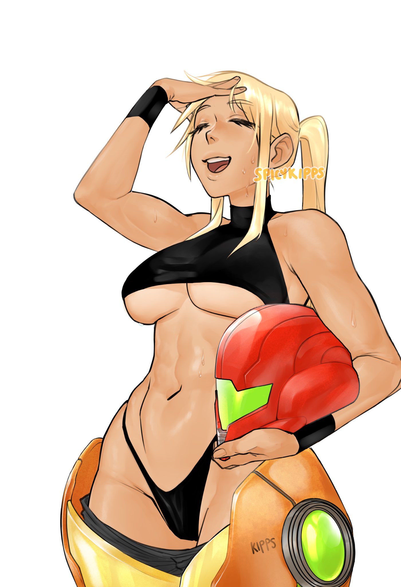 1girls abs armor armored_samus artist_name blonde_hair breasts closed_eyes clothed crop_top eyelashes female female_only hand_on_head helmet helmet_with_visor metroid navel nintendo open_mouth panties ponytail power_suit samus_aran smile solo spicykipps super_metroid sweat thick_thighs tied_hair underboob varia_suit varia_suit_helmet watermark white_background