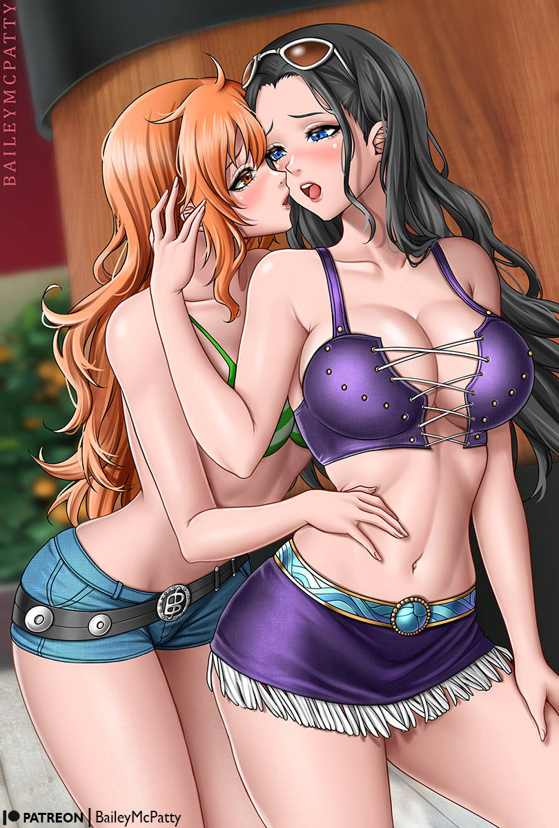 2girls baileymcpatty belt black_hair blue_eyes bra breasts crop_top denim_shorts female female_only green_bra large_breasts long_hair midriff milf miss_all_sunday nami navel nico_robin one_piece orange_eyes orange_hair purple_crop_top purple_skirt short_shorts shorts skirt sunglasses sunglasses_on_head yuri