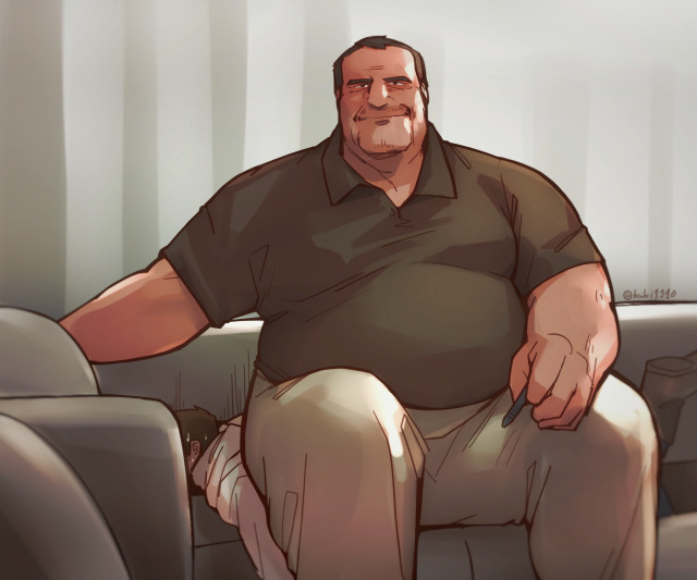 bara clothing dad_bod facial_hair fully_clothed kuki1210 male male_only sitting_on_person size_difference